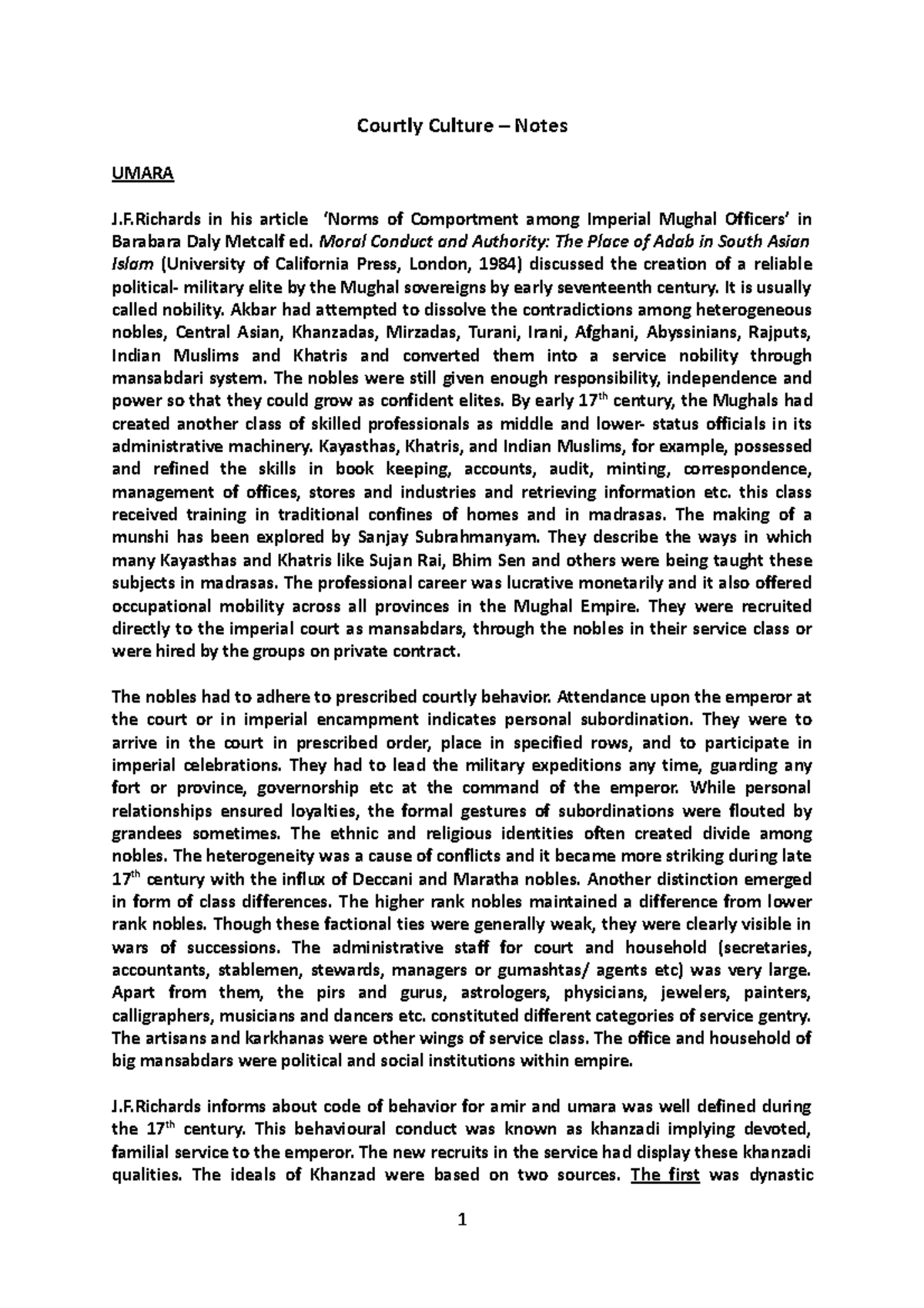 Courtly Culture – Notes - Courtly Culture – Notes UMARA J.F in his ...