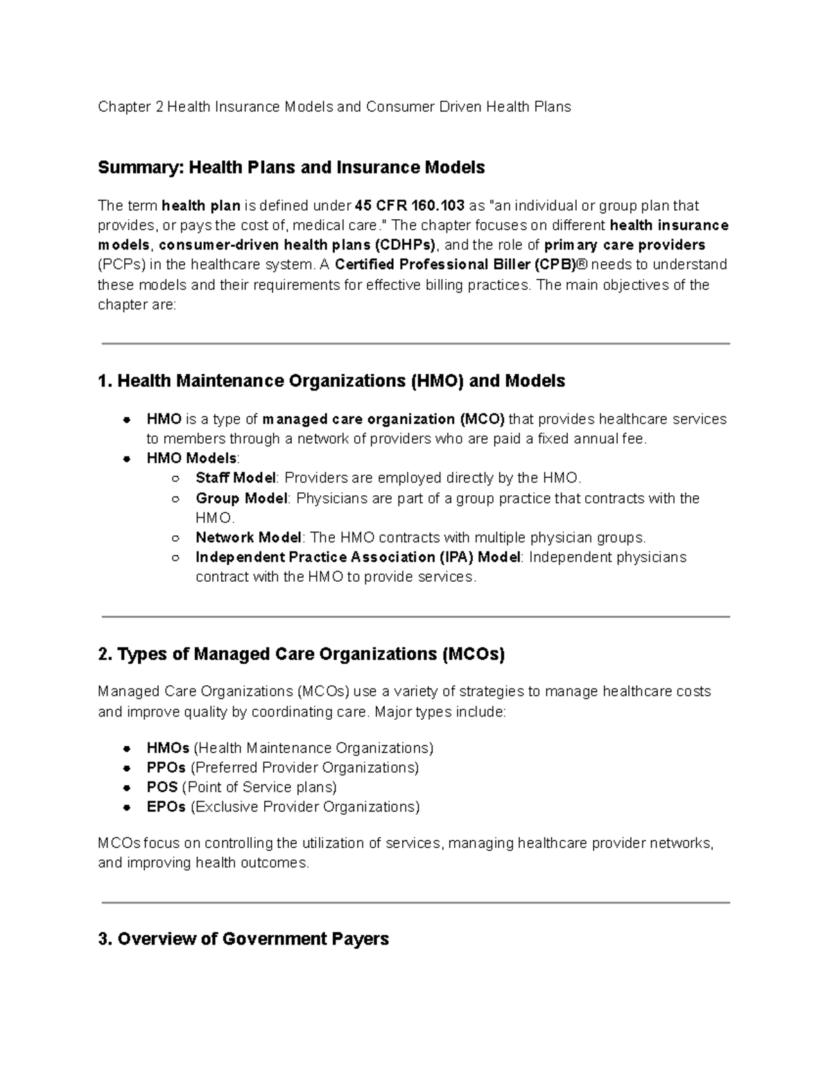 Chapter 2 Health Insurance Models and Consumer Driven Health Plans ...