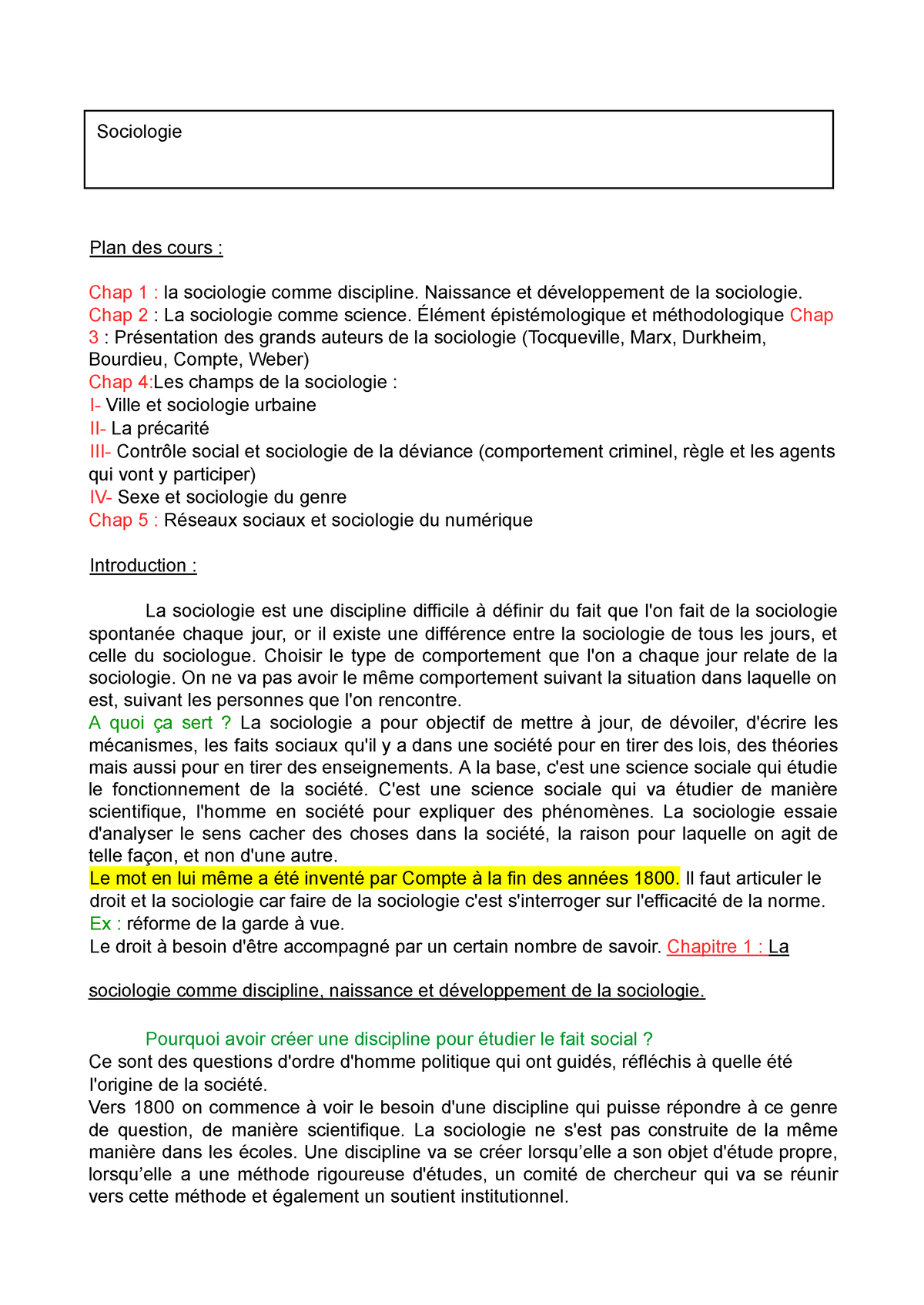 Sociologie 2 - Note Du Cours - Sociologie Plan Des Cours : Chap 1 : La ...