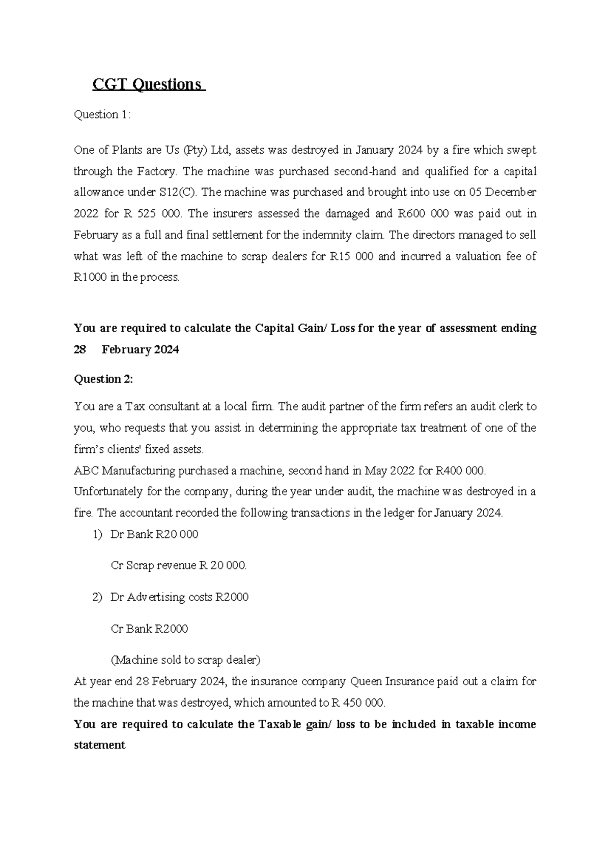 2024 CGT Questions - Notes - CGT Questions Question 1: One of Plants ...