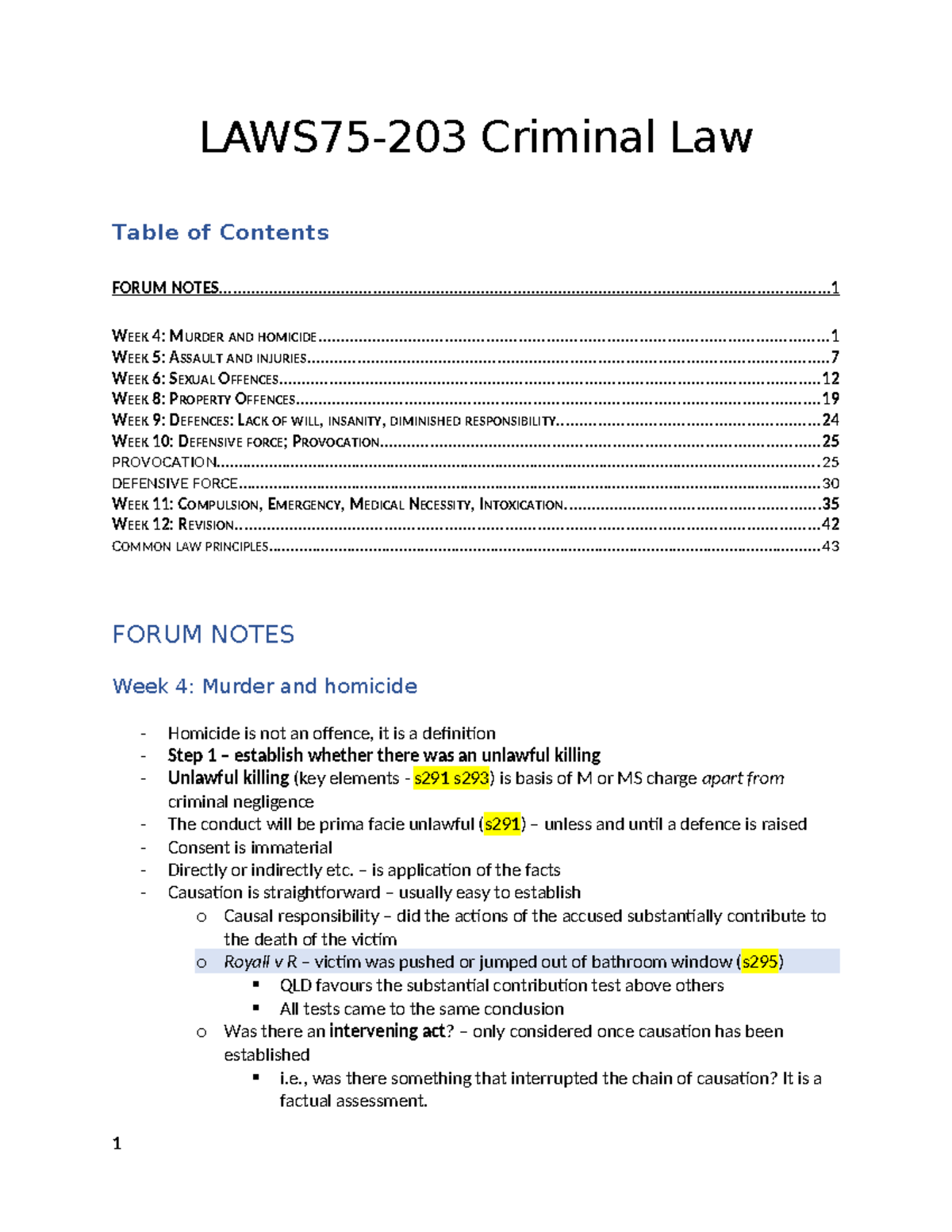 Notes - LAWS75-203 Criminal Law Table Of Contents FORUM - Studocu