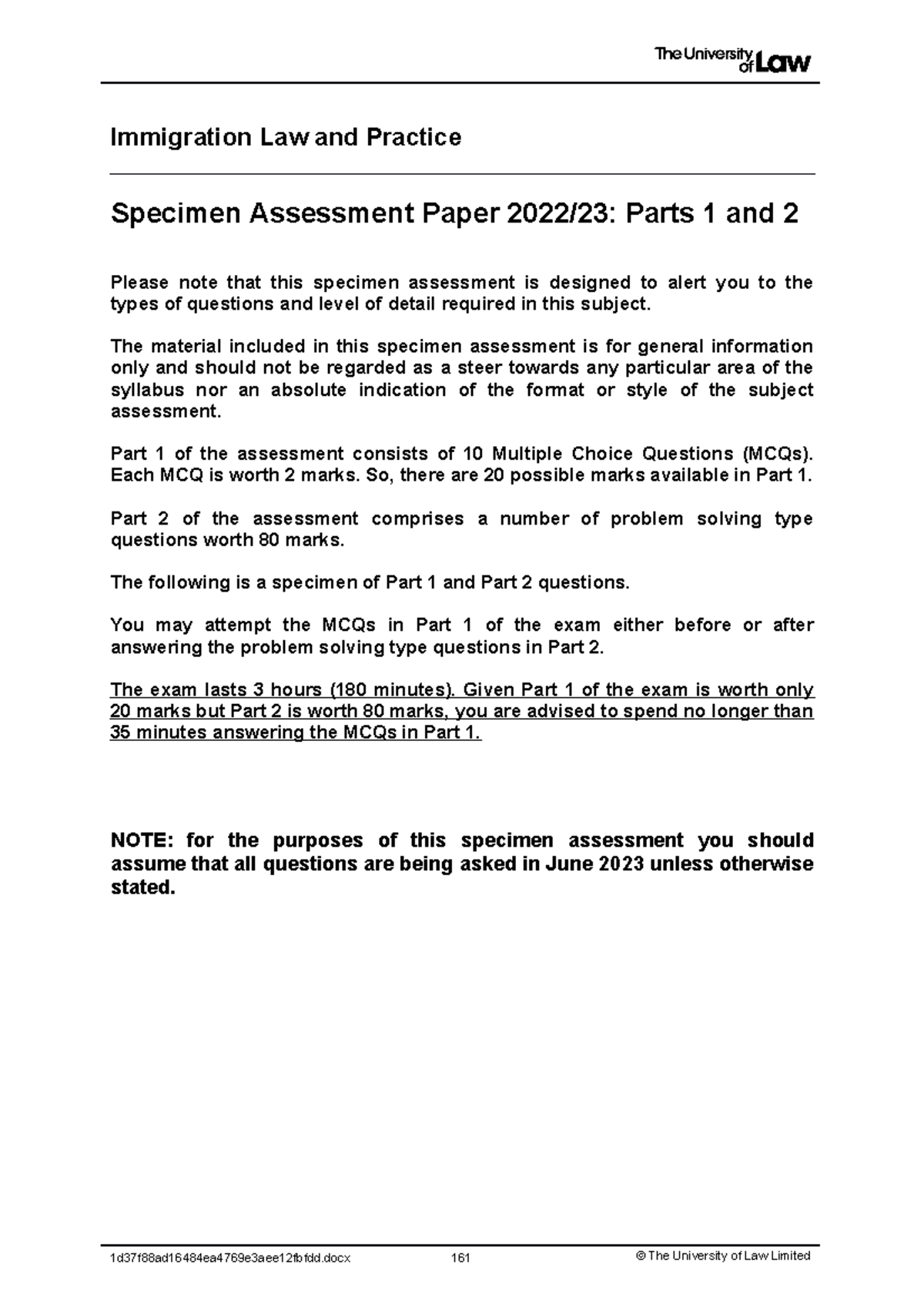 2223 imm ce01 exam specimen q Immigration Law and Practice Specimen