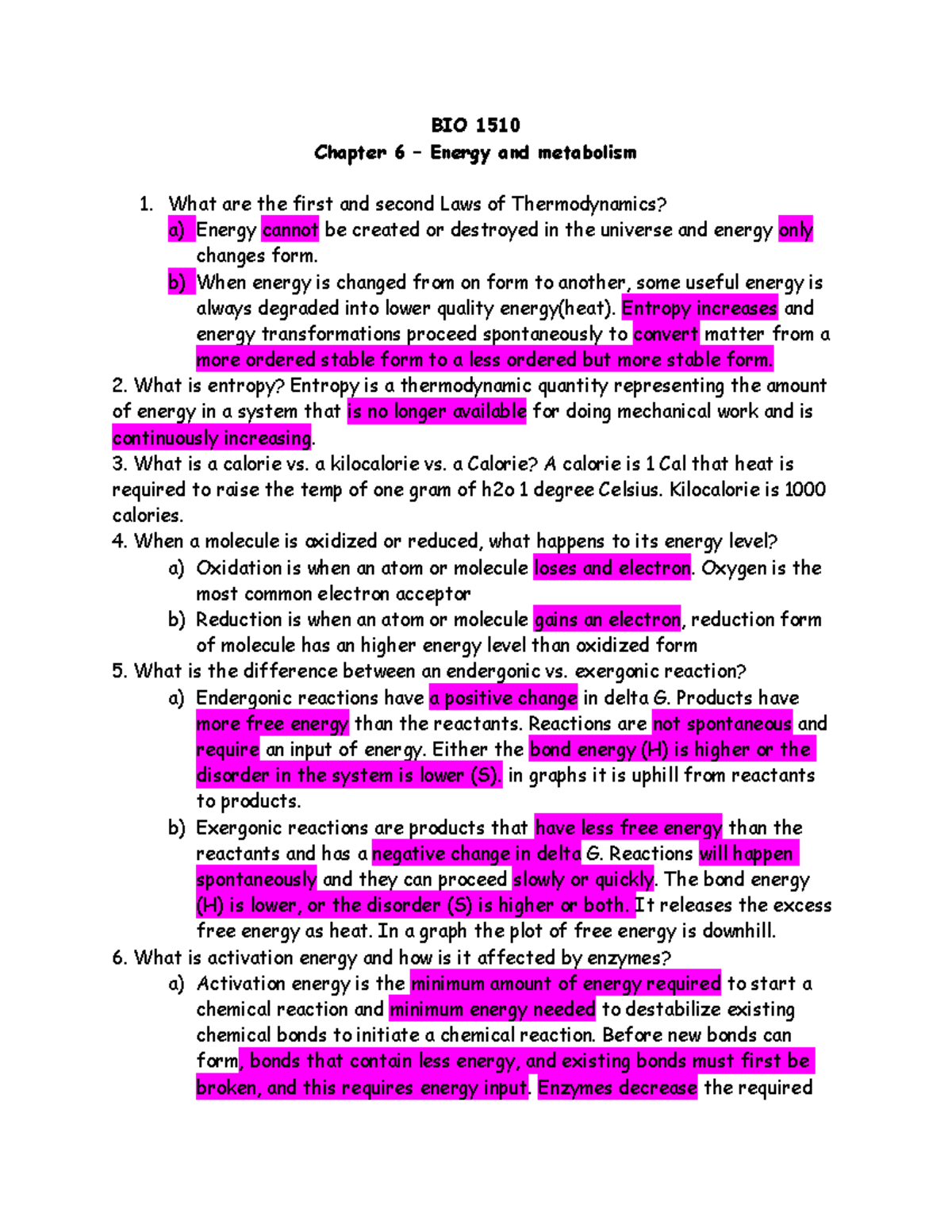 Chapter 6 - Lecture Notes - BIO 1510 Chapter 6 – Energy And Metabolism ...