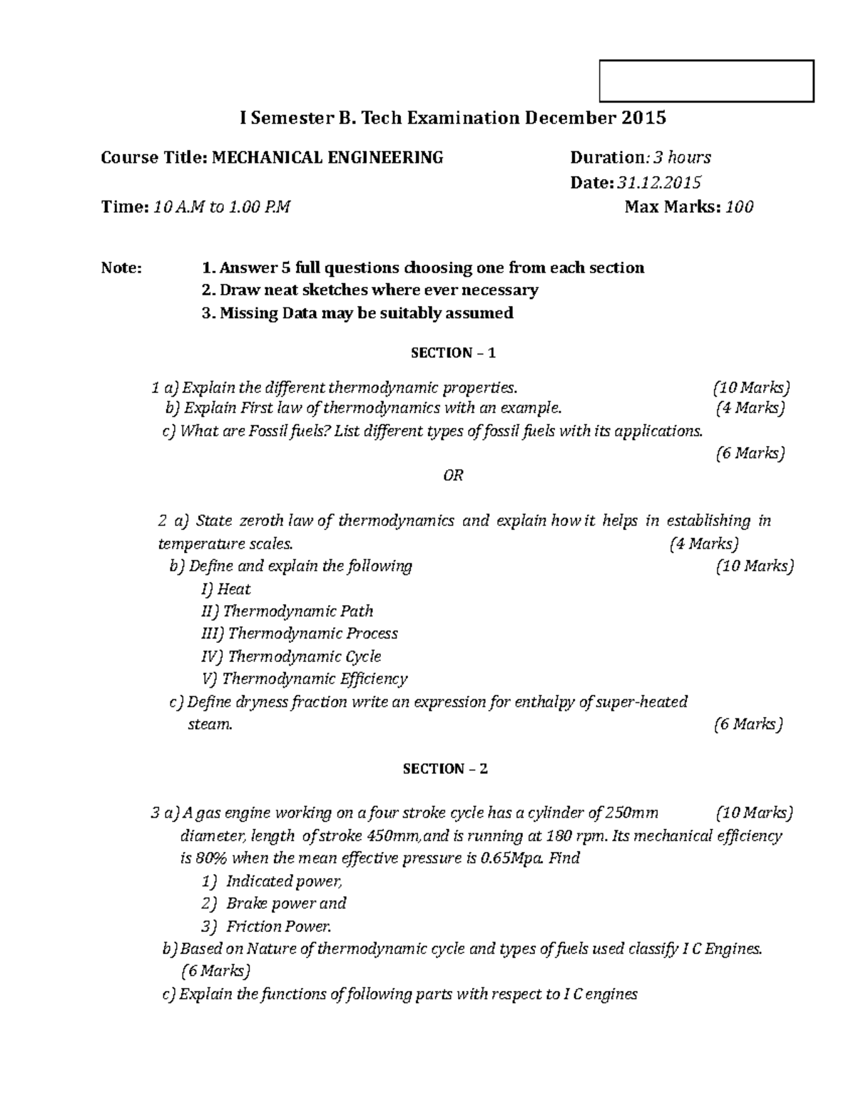 Basic Civil And Mechanical Engineering - I Semester B. Tech Examination ...