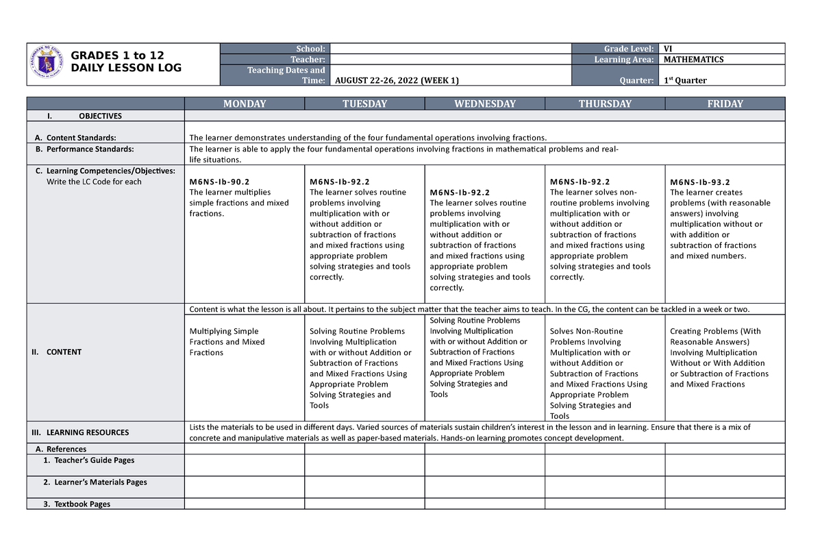 DLL Mathematics 6 Q1 W2 - Daily Lesson Log - GRADES 1 To 12 DAILY ...