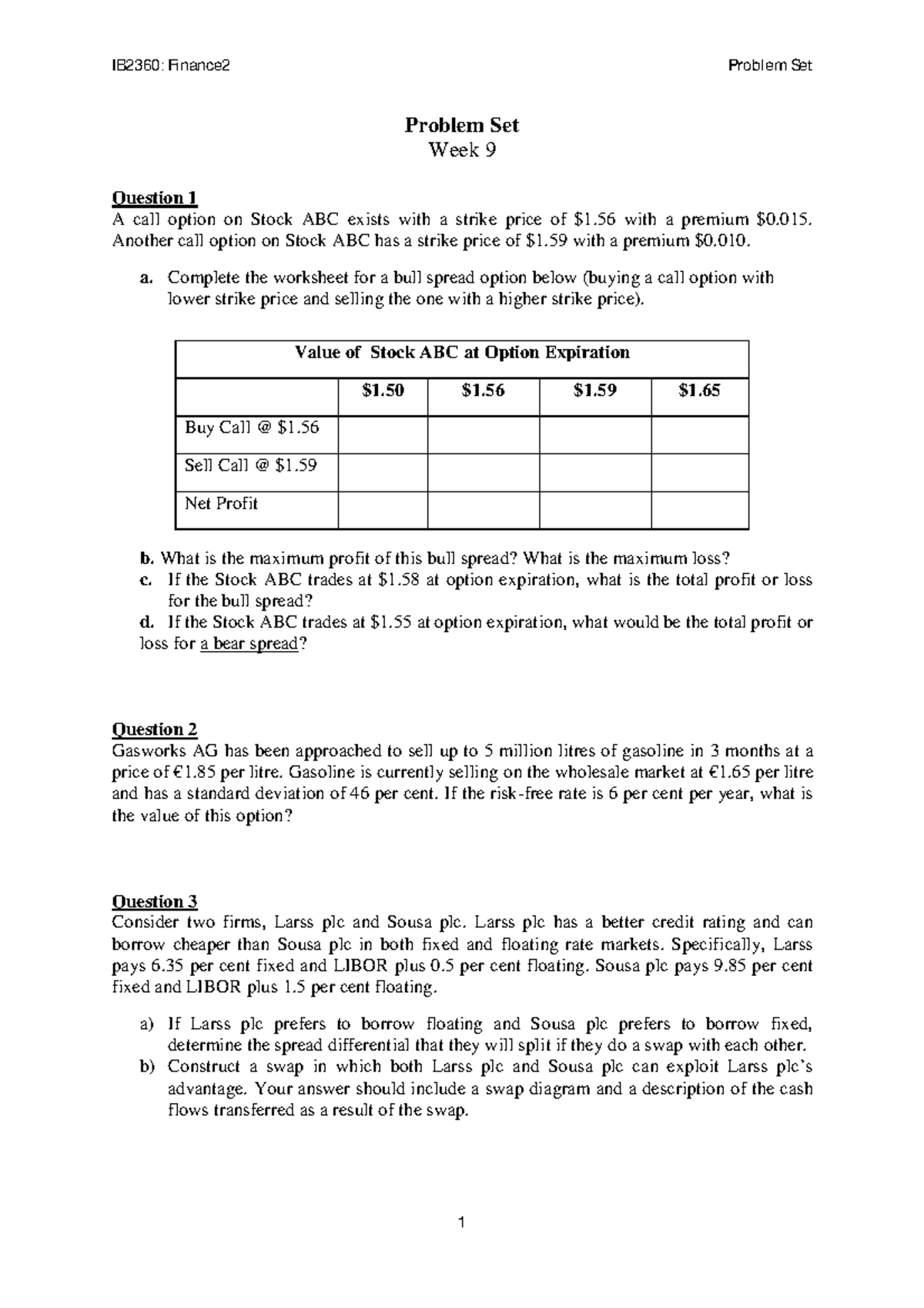 Problem Set 9 - Questions And Solutions - IB2360: Finance2 Problem Set ...