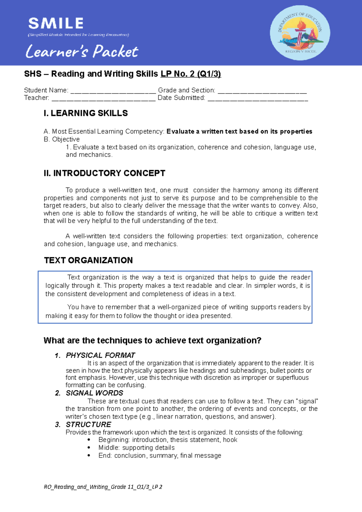 Smile Reading and Writing Properties of a Well Written Text I