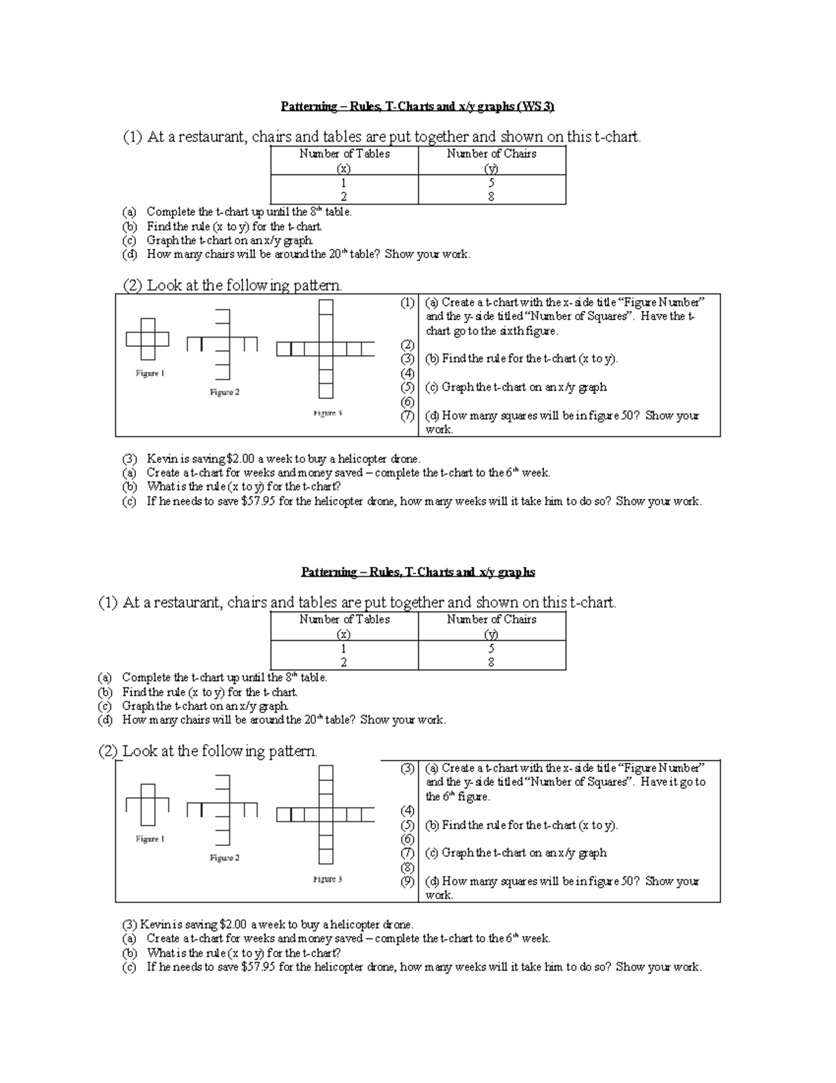 Grade 6 lesson 3 worksheet patterning rules tcharts xygraphs