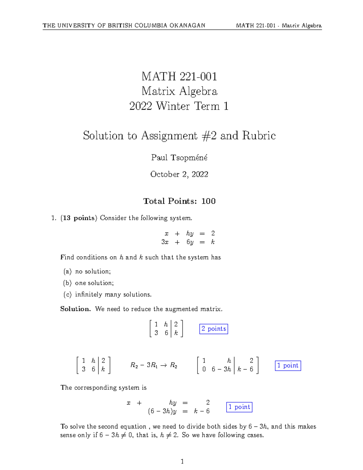 Solution MATH 221 W2022-T1 Assignment #2-Rubric - MATH 221- Matrix ...