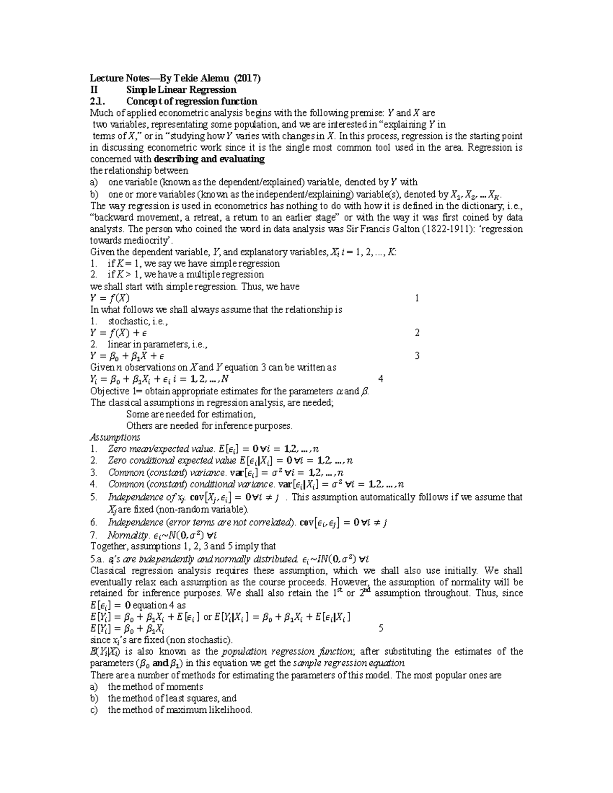 Econ 02 Simple Linear Regression 20 - Lecture Notes—By Tekie Alemu ...