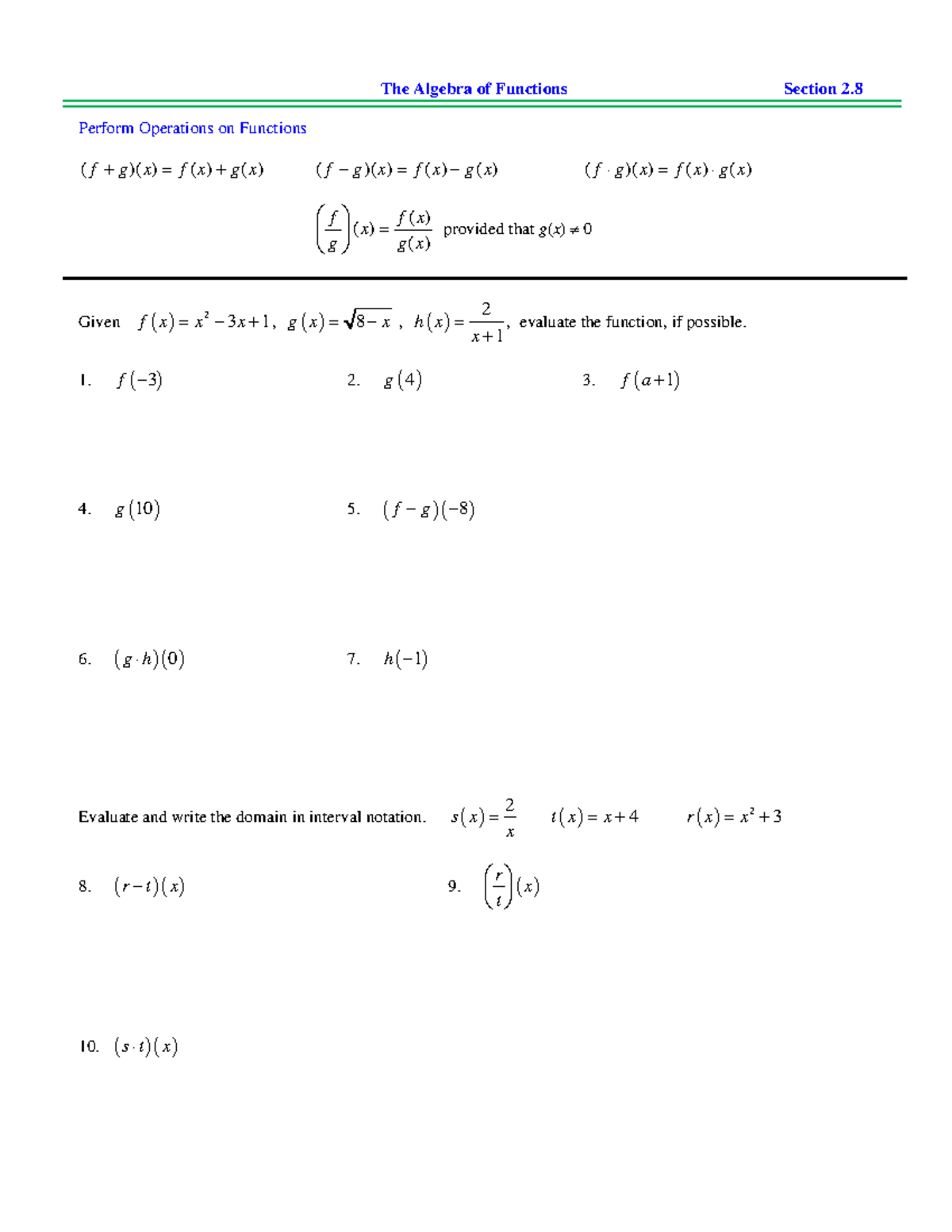 2.8 Notes - The Algebra of Functions Section 2. Perform Operations on ...