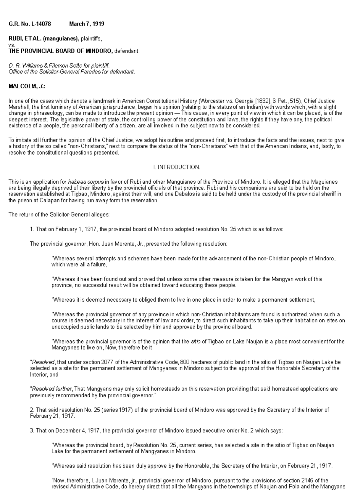 RUBI VS Provincial - G. No. L-14078 March 7, 1919 RUBI, ET AL ...