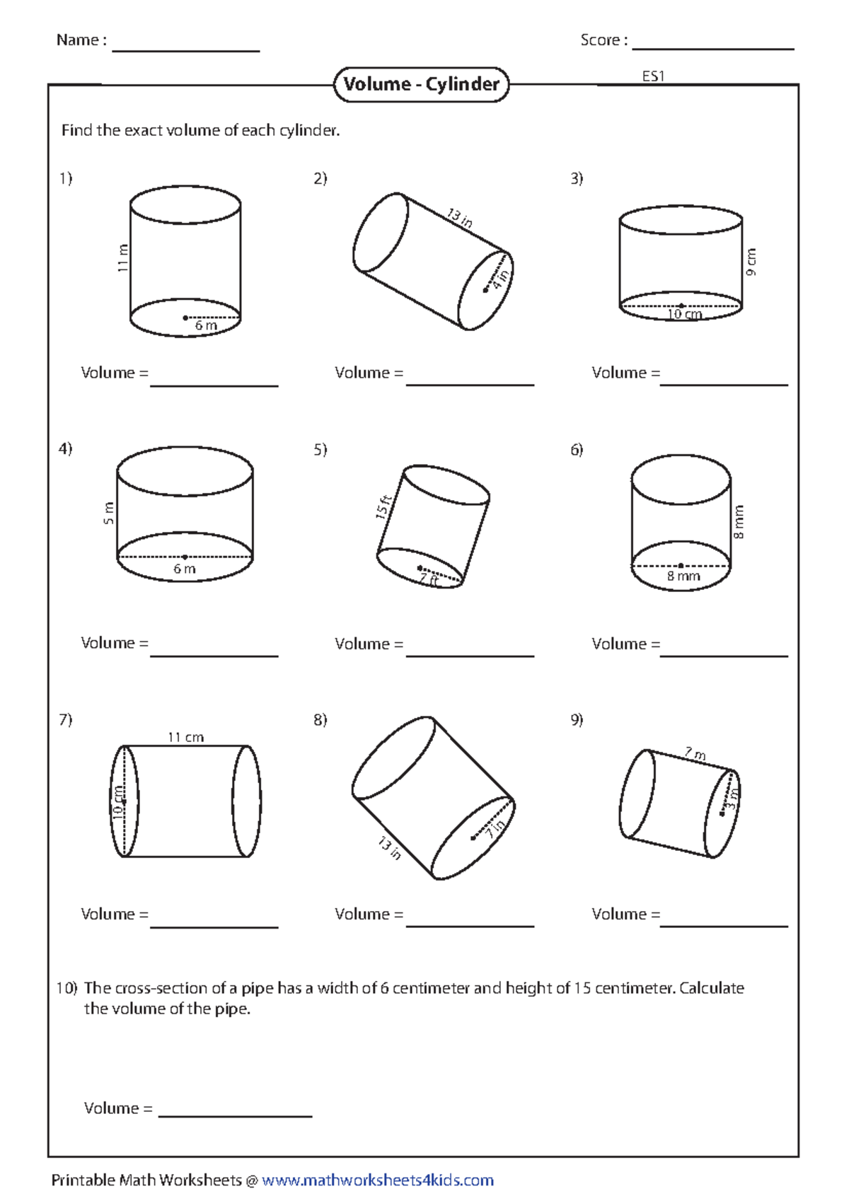 Volume cylinders extra practice - Find the exact volume of each ...