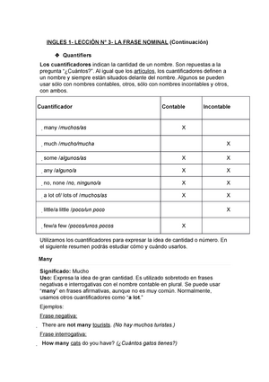 Lección 3 La Frase Nominal Quantifiers - INGLES 1- LECCIÓN N° 3- LA FRASE  NOMINAL (Continuación)  - Studocu