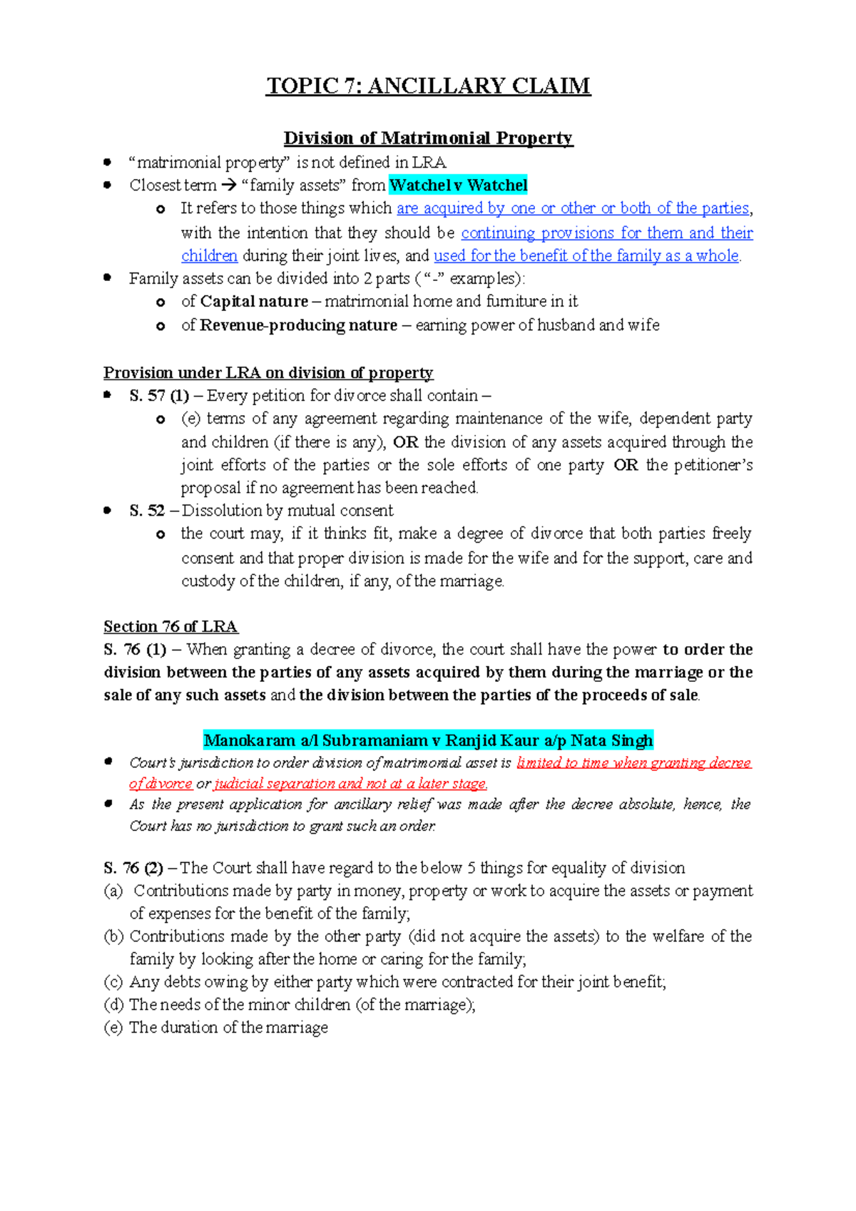 Family Law notes (Section B Chapter 7) TOPIC 7 ANCILLARY CLAIM