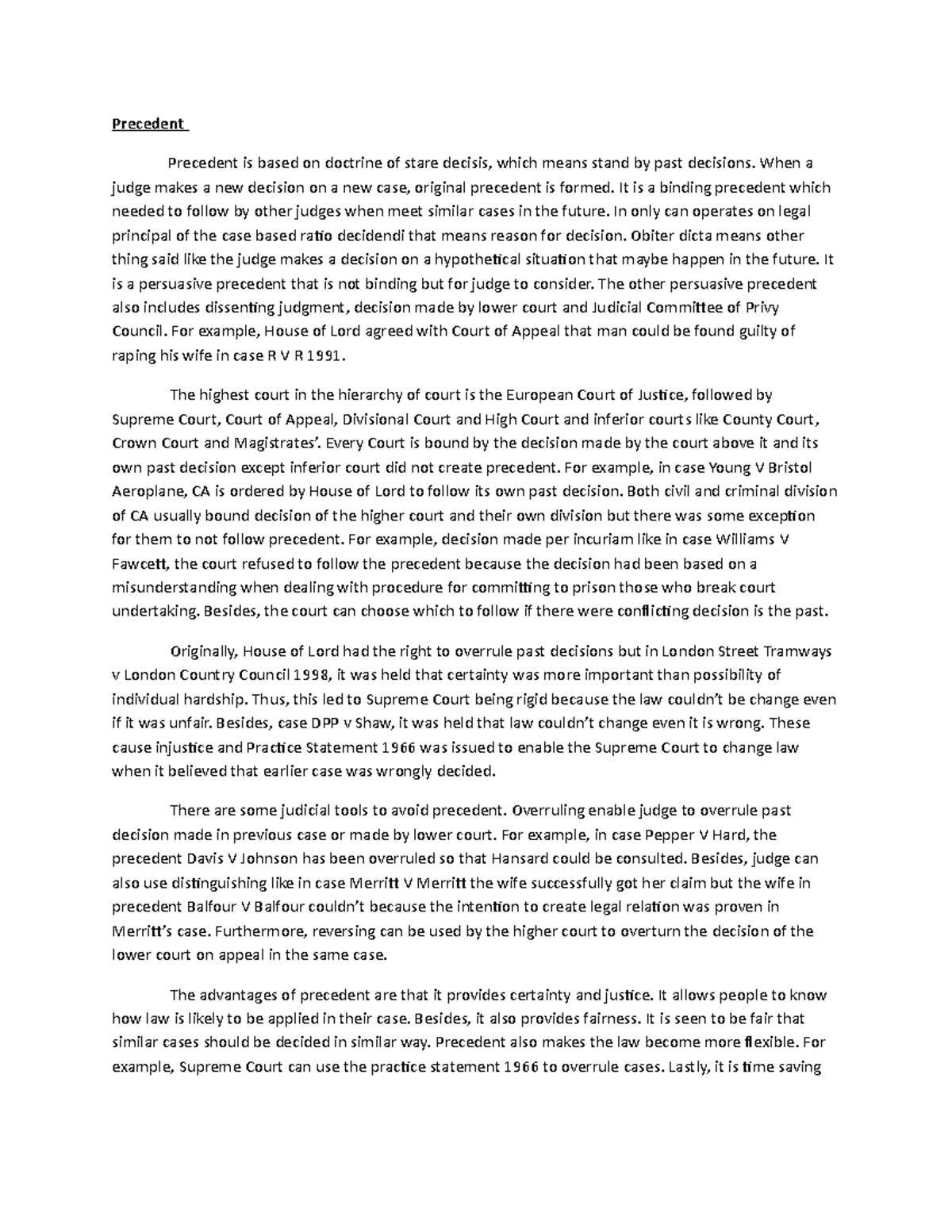 2-Precedent - Precedent Essay fro Alevel - Precedent Precedent is based ...