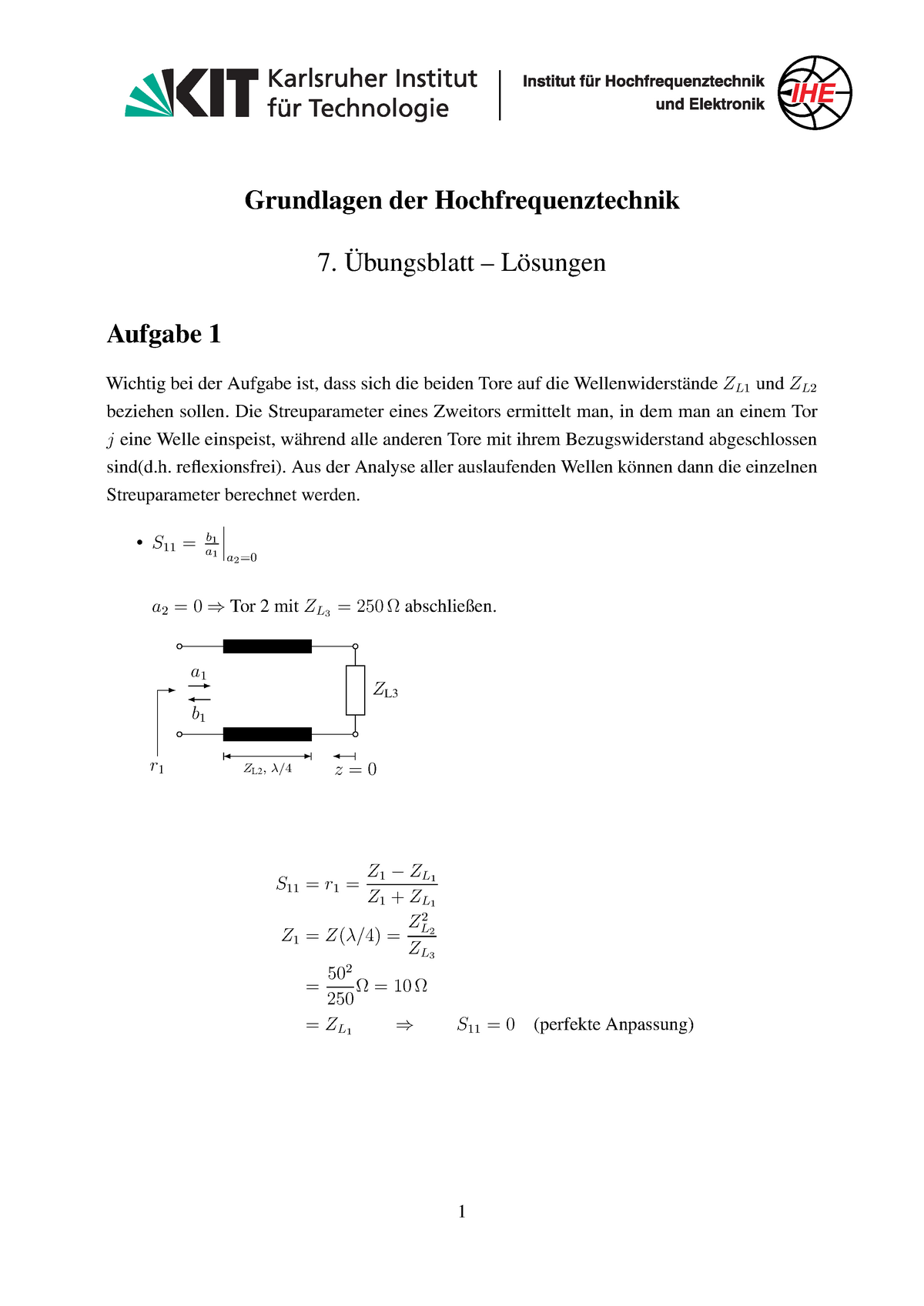 Uebung 07 Loesung Ws1819 Grundlagen Der Hochfrequenztechnik ¨ 7 Ubungsblatt L¨osungen