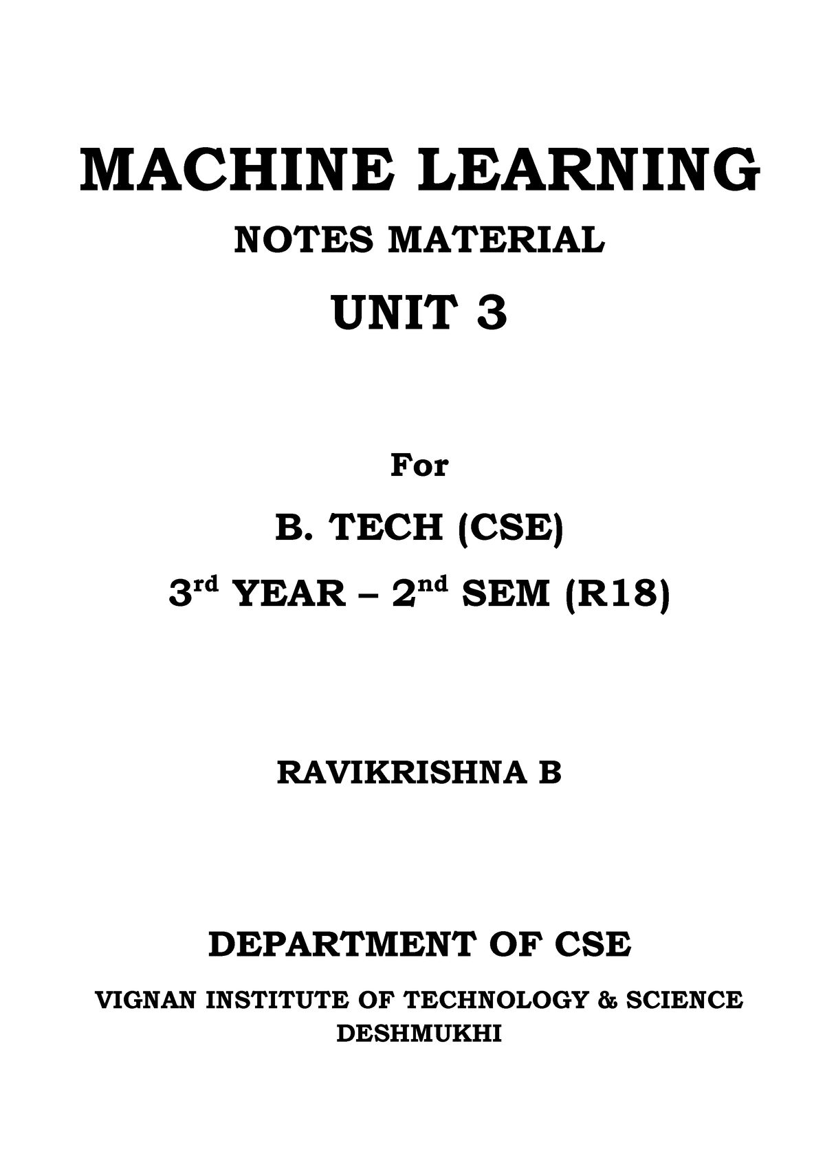 ML UNIT3 - MACHINE LEARNING NOTES MATERIAL UNIT 3 For B. TECH (CSE) 3 ...