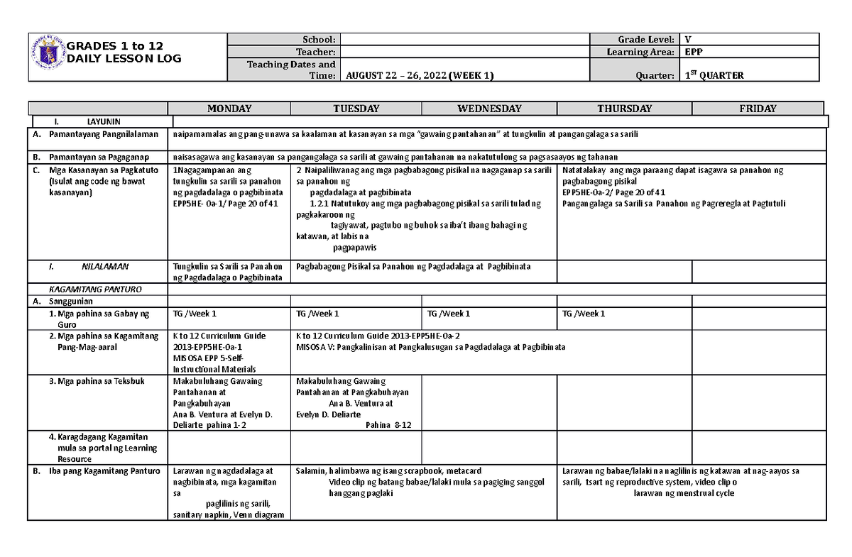 Grade 5 DLL EPP 5 Q1 Week 1 - GRADES 1 to 12 DAILY LESSON LOG School ...