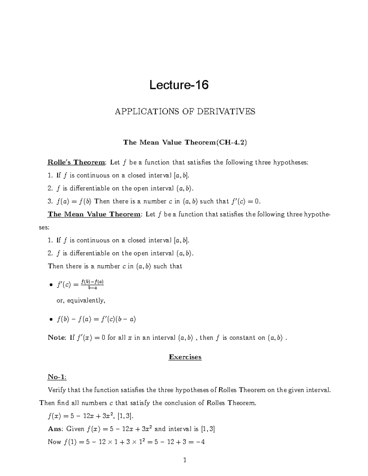 Lecture 16-notes - APPLICATIONS OF DERIVATIVES The Mean Value Theorem ...