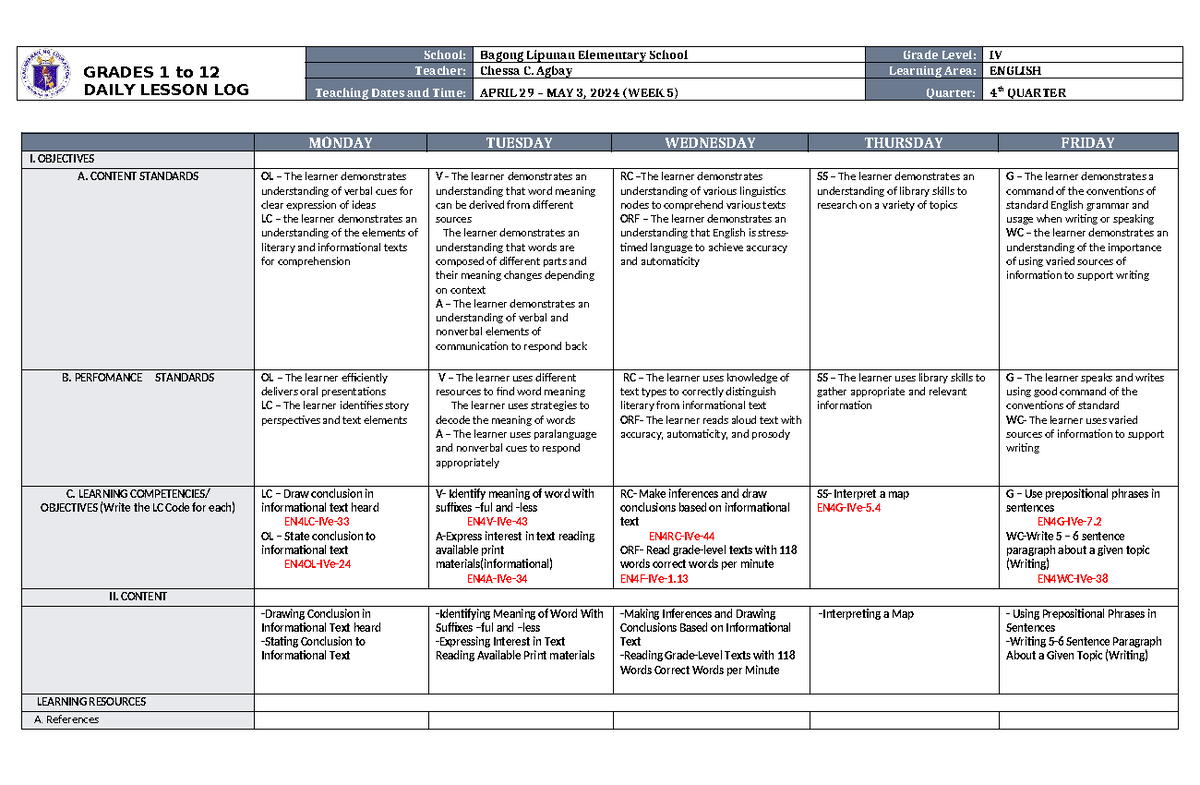 DLL English 4 Q4 W5 - GRADES 1 to 12 DAILY LESSON LOG School: Bagong ...