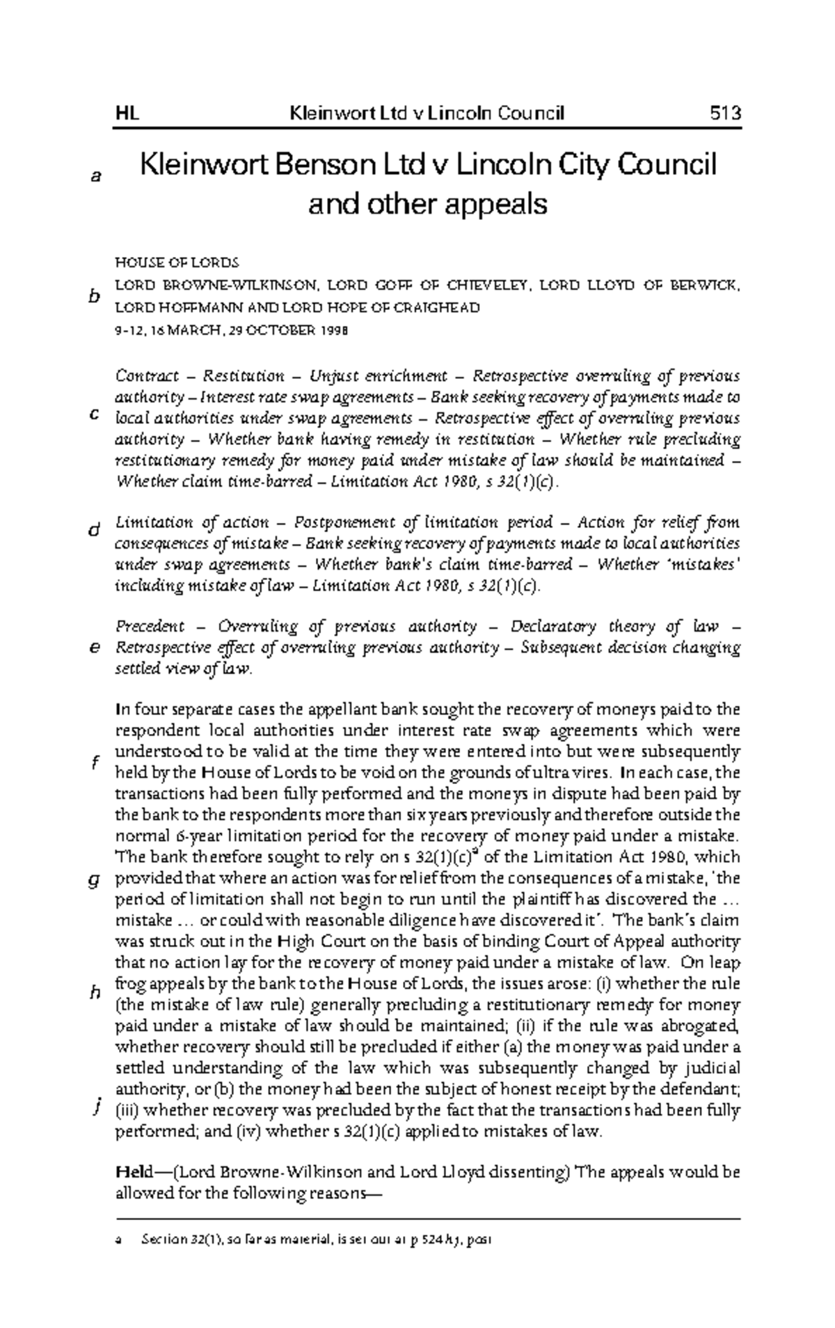Kleinwort Benson Ltd v Lincoln City Council and other appeals [1998] 4