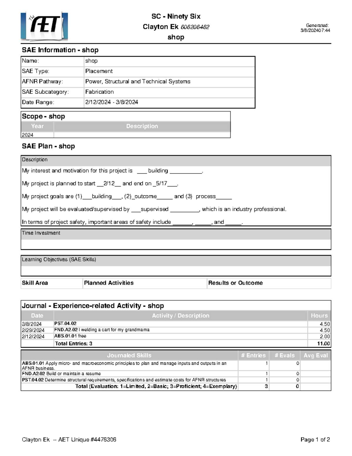 SAEReport 6017507 - SC - Ninety Six Clayton Ek 606206462 shop Generated ...