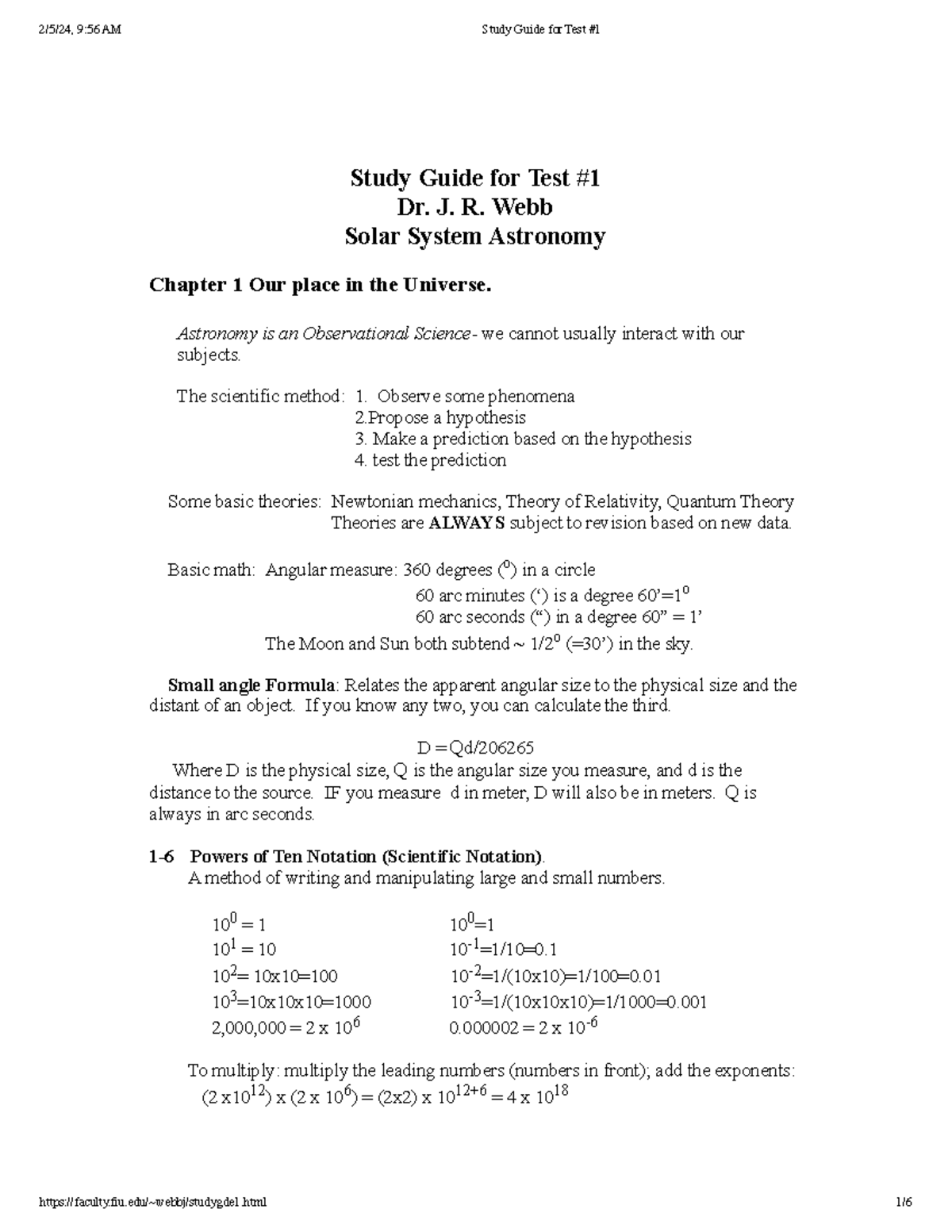 Study Guide for Test #1 - Study Guide for Test Dr. J. R. Webb Solar ...