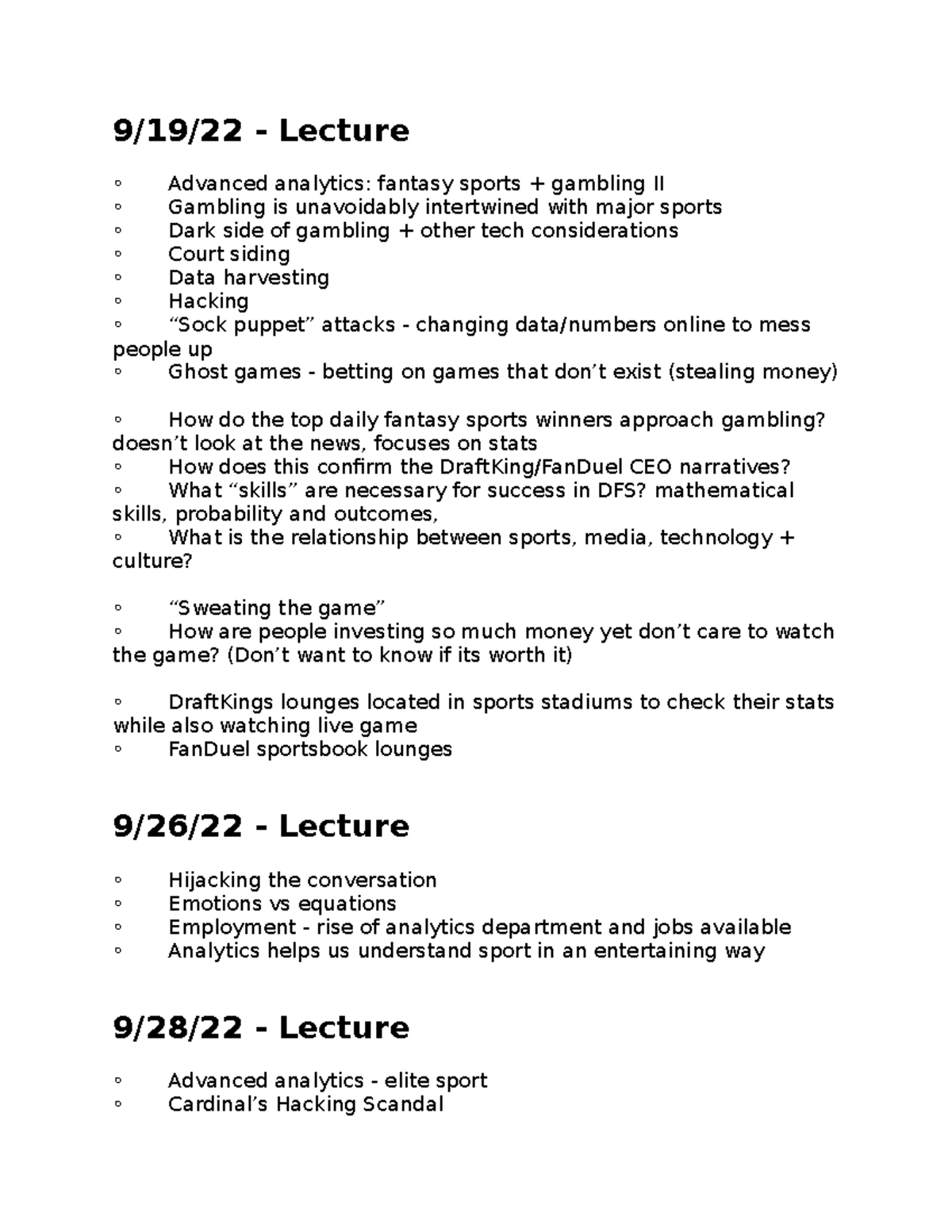 Macs 224 notes 9/19/22 Lecture Advanced analytics fantasy sports