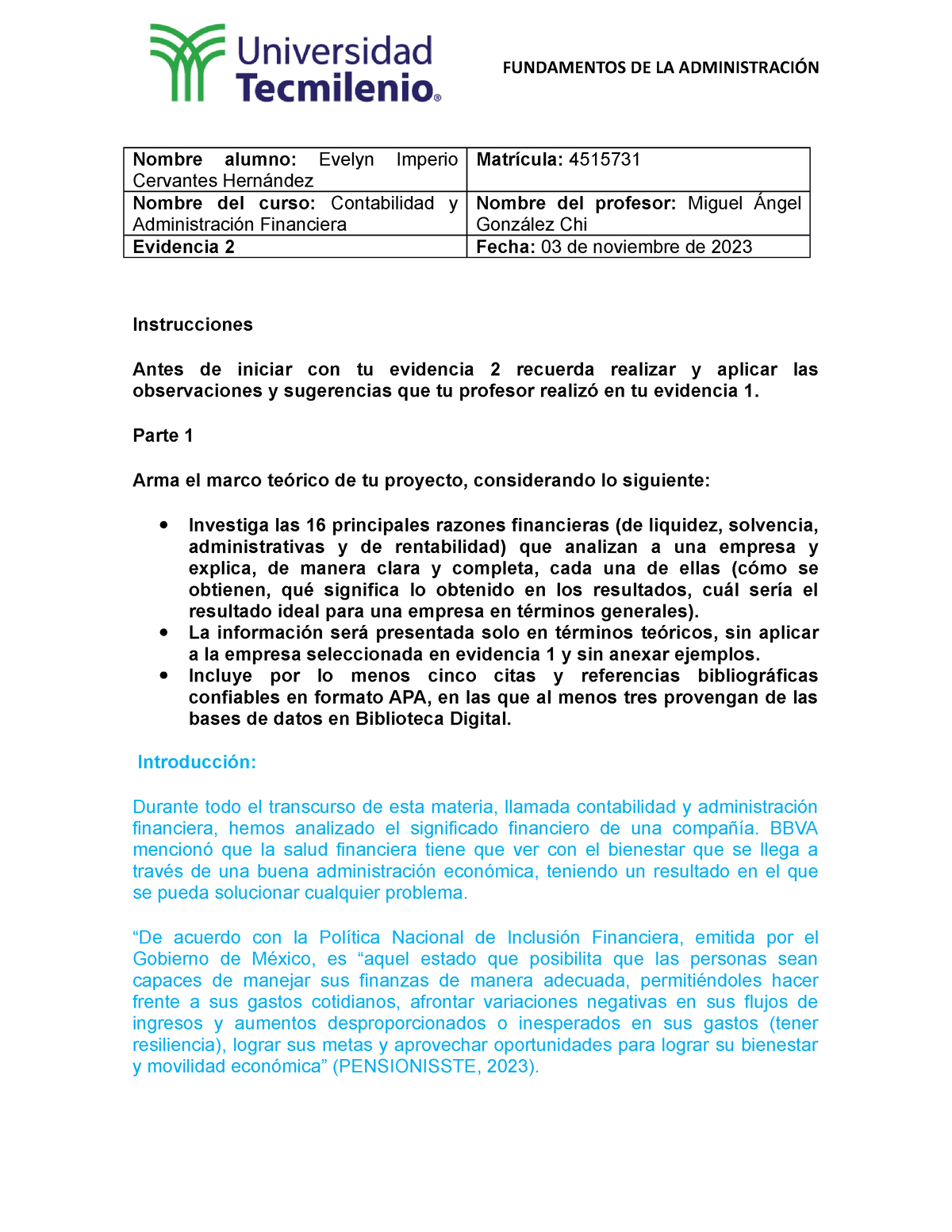 Evidencia 2 Contabilidad Y Administración Financiera Nombre Alumno Evelyn Imperio Cervantes 1737