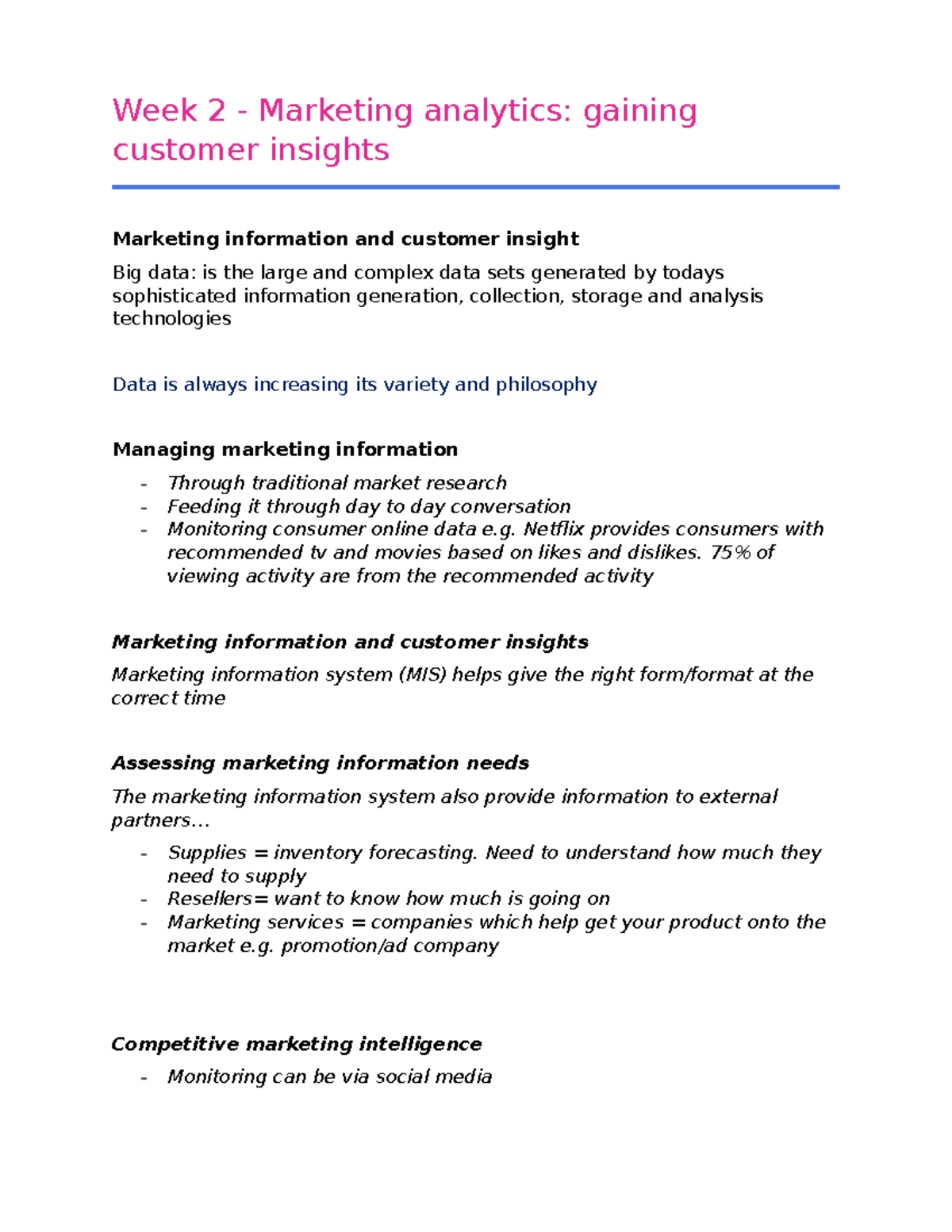 Week 2 - Summary Of Week 2 Notes - Week 2 - Marketing Analytics ...