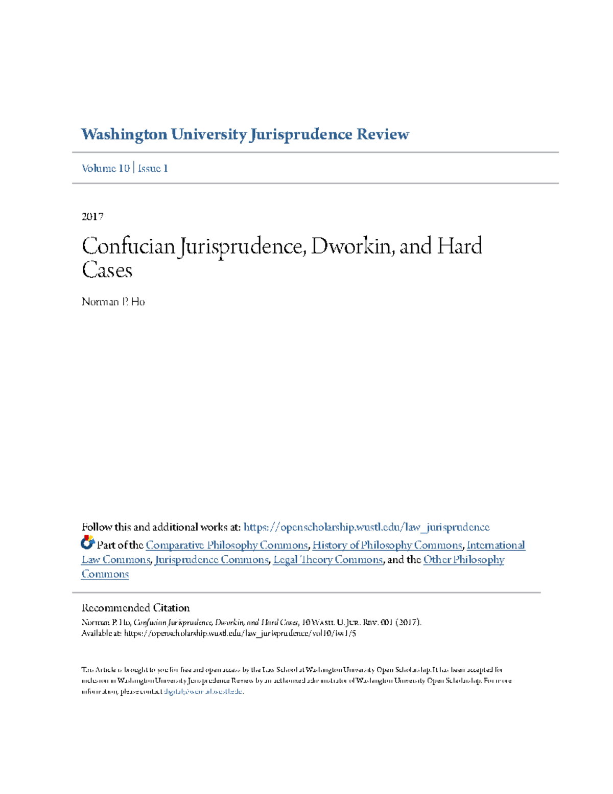 Confucian Jurisprudence Dworkin and Hard Cases Washington University