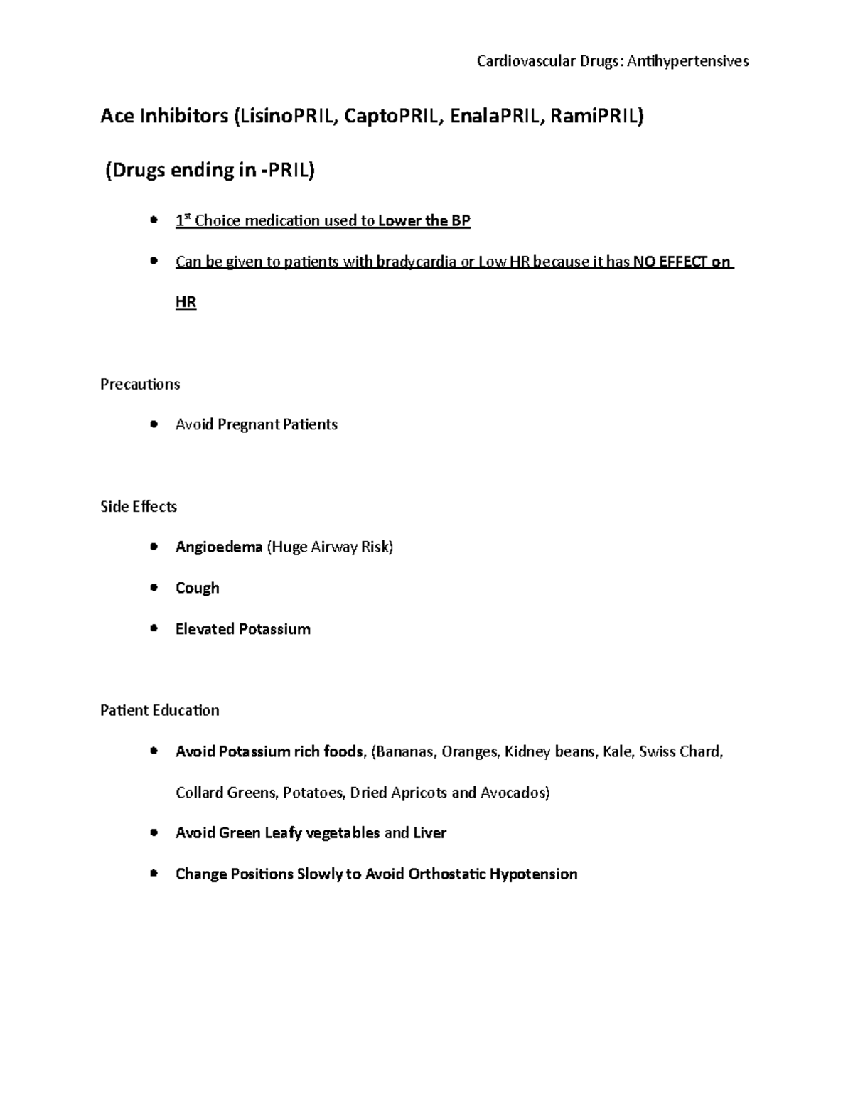 Antihypertensive Simple Nursing Notes Ace Inhibitors (LisinoPRIL