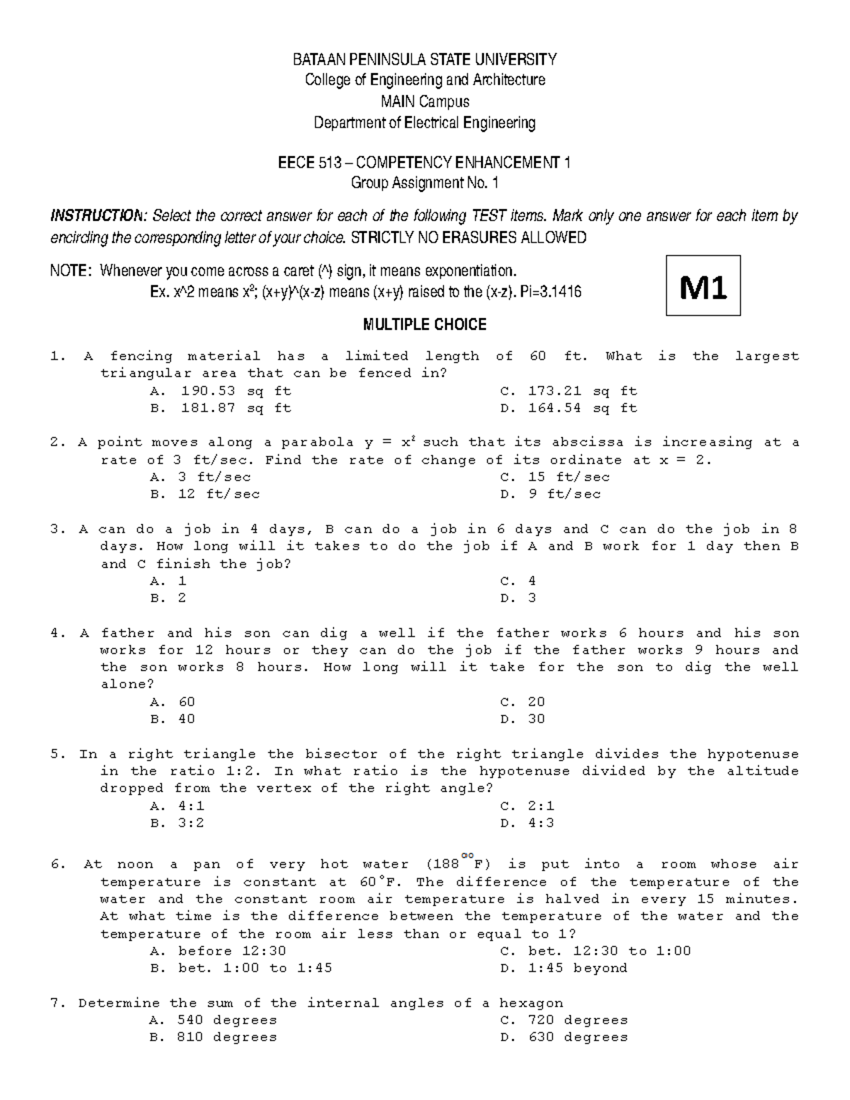 Exam 11 September 2015, Questions - Bataan Peninsula State University 