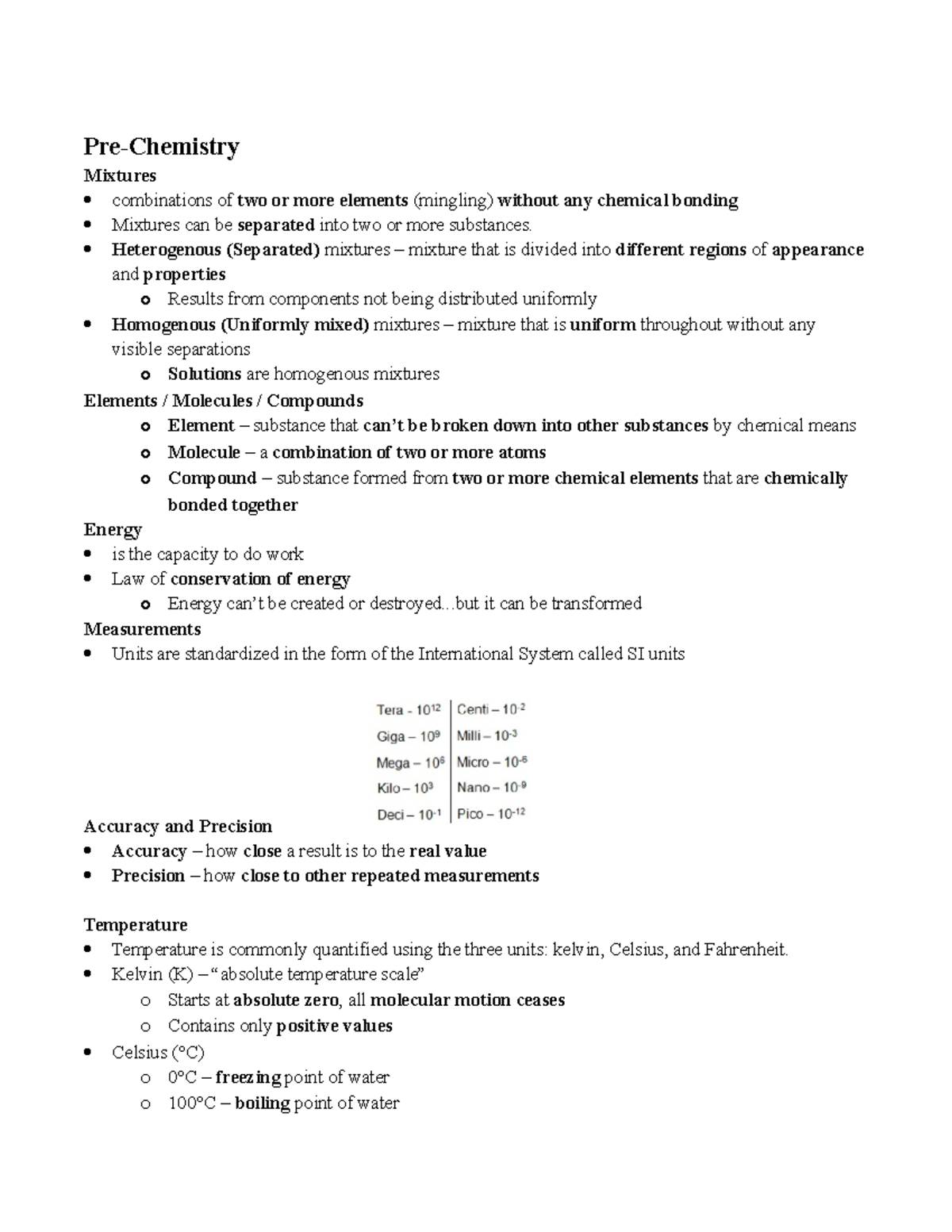1 PreChemistry Chem notes PreChemistry Mixtures combinations of
