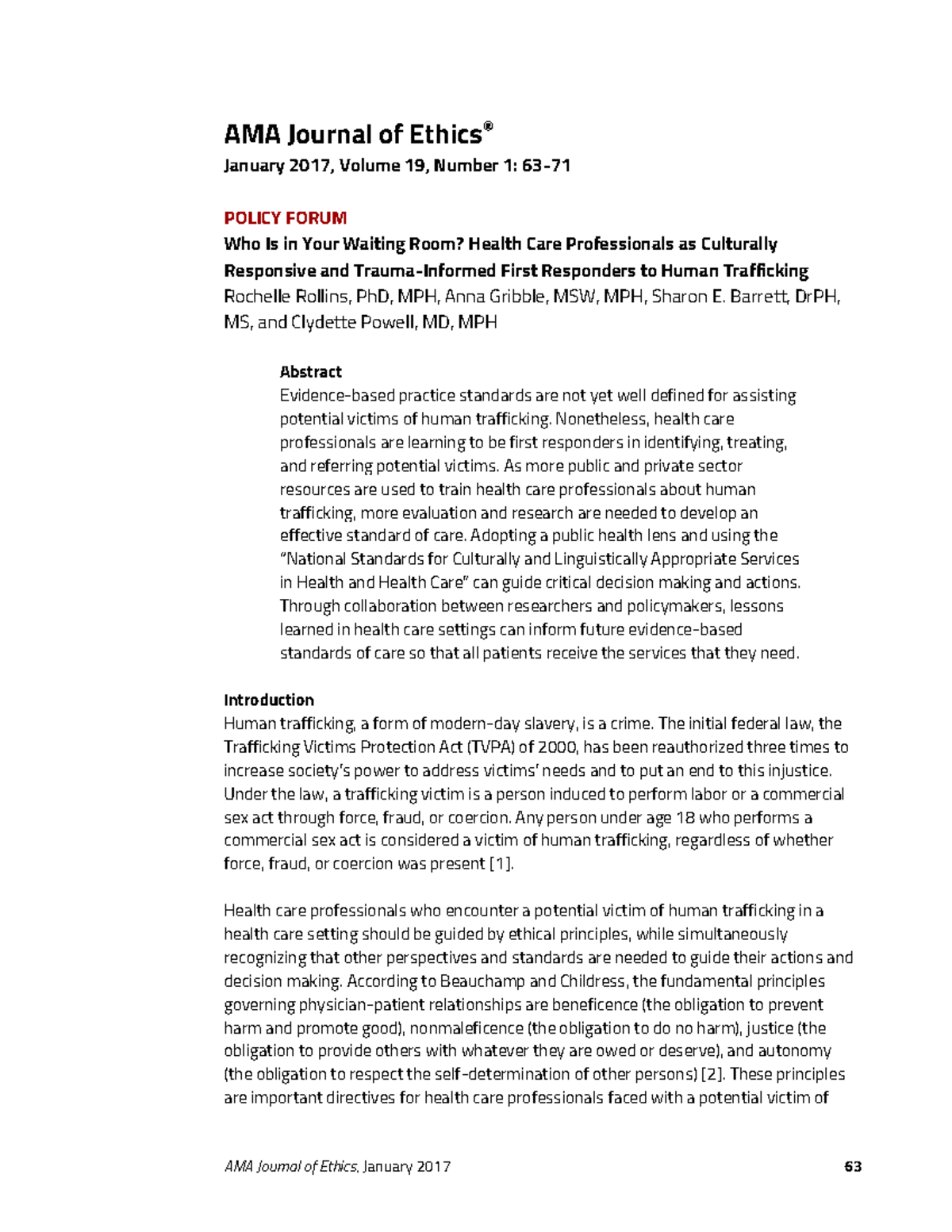 Human trafficking article - AMA Journal of Ethics, January 2017 63 AMA ...