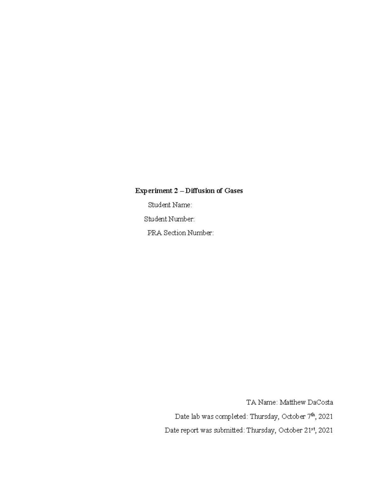 Experiment 2 Diffusion of Gases Lab Report Experiment 2