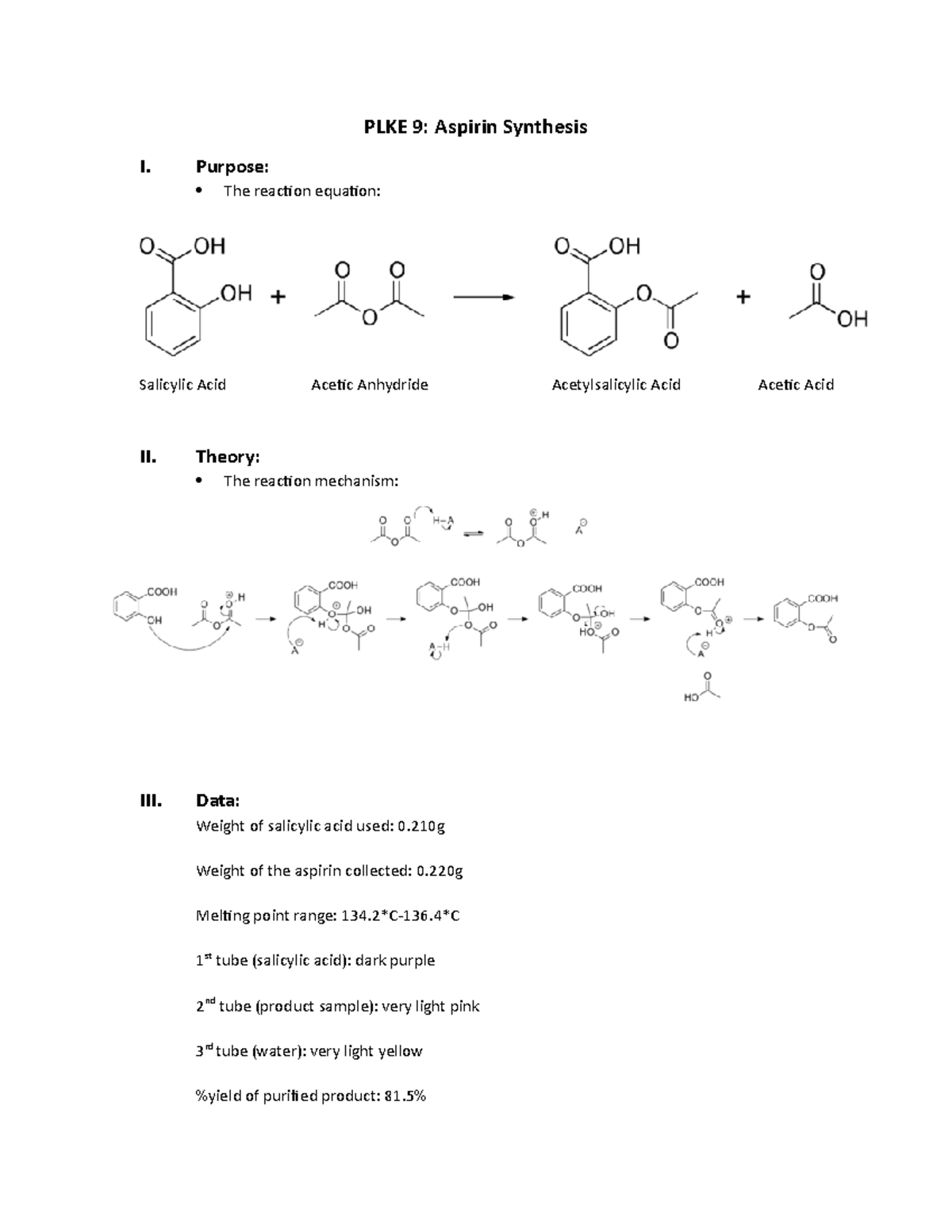 PLKE 9 Aspirin Synthesis PLKE 9 Aspirin Synthesis I. Purpose The reaction equation