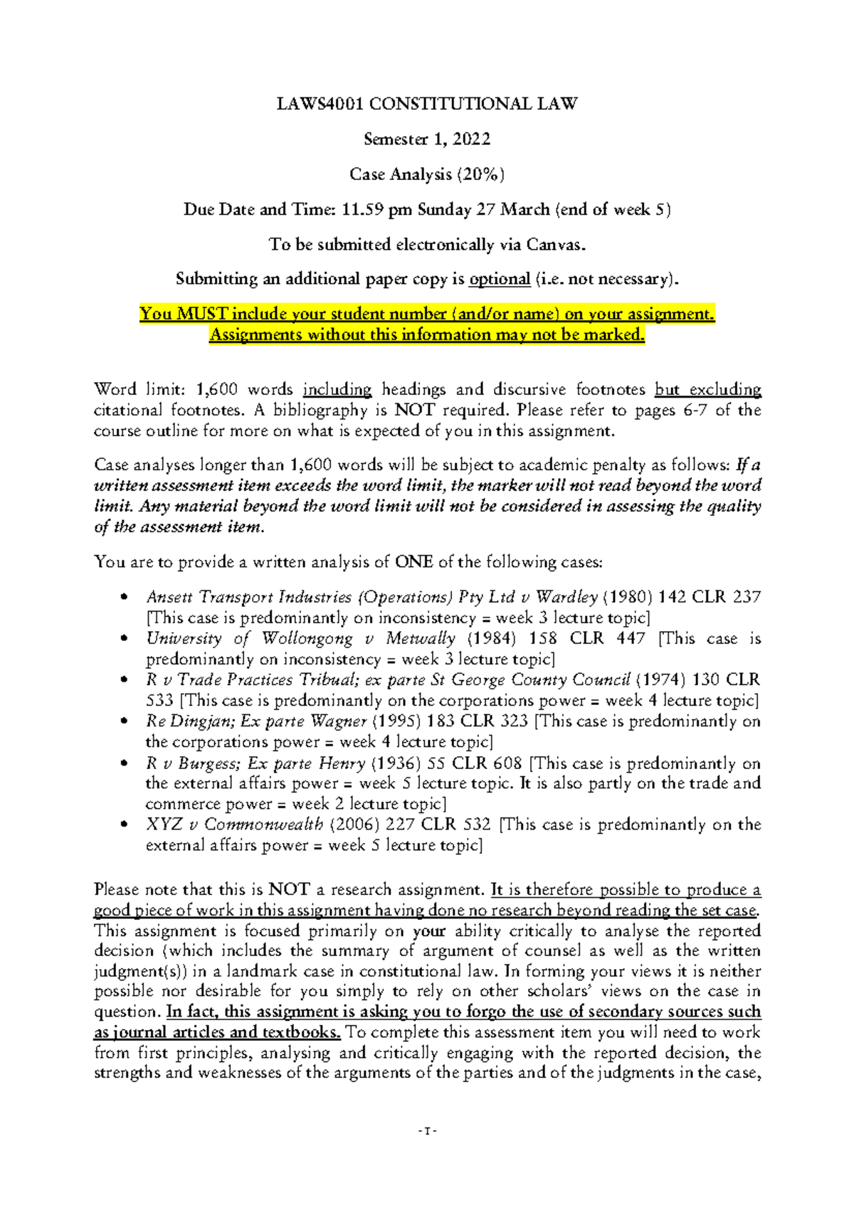 Case Analysis Assessment 1 from 2022 1 LAWS4001 CONSTITUTIONAL LAW