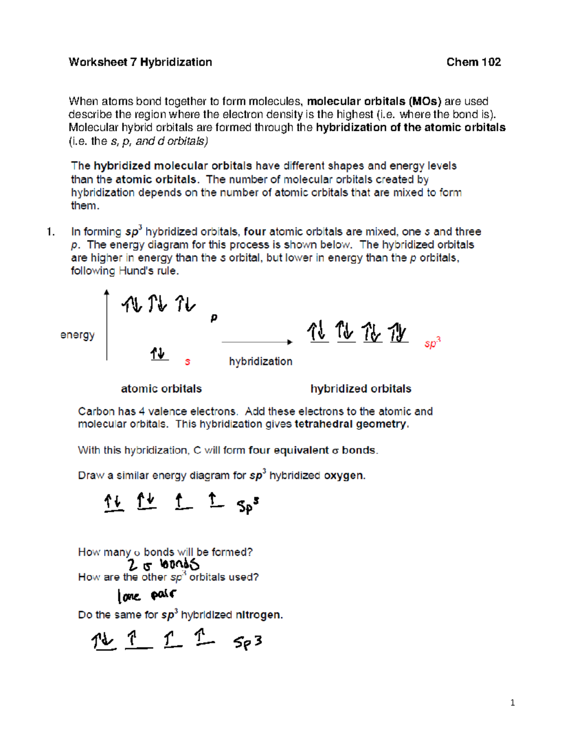 Worksheet+7+Hybridization - Worksheet 7 Hybridization Chem 102 When ...