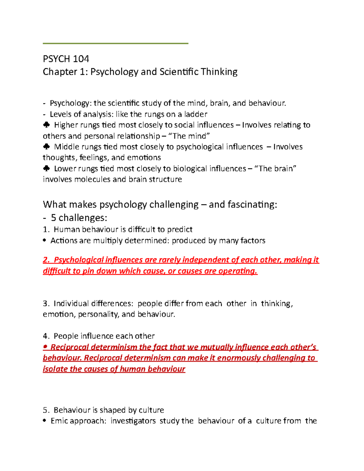 Psych 104 chapter 1 - PSYCH 104 Chapter 1: Psychology and Scientific ...