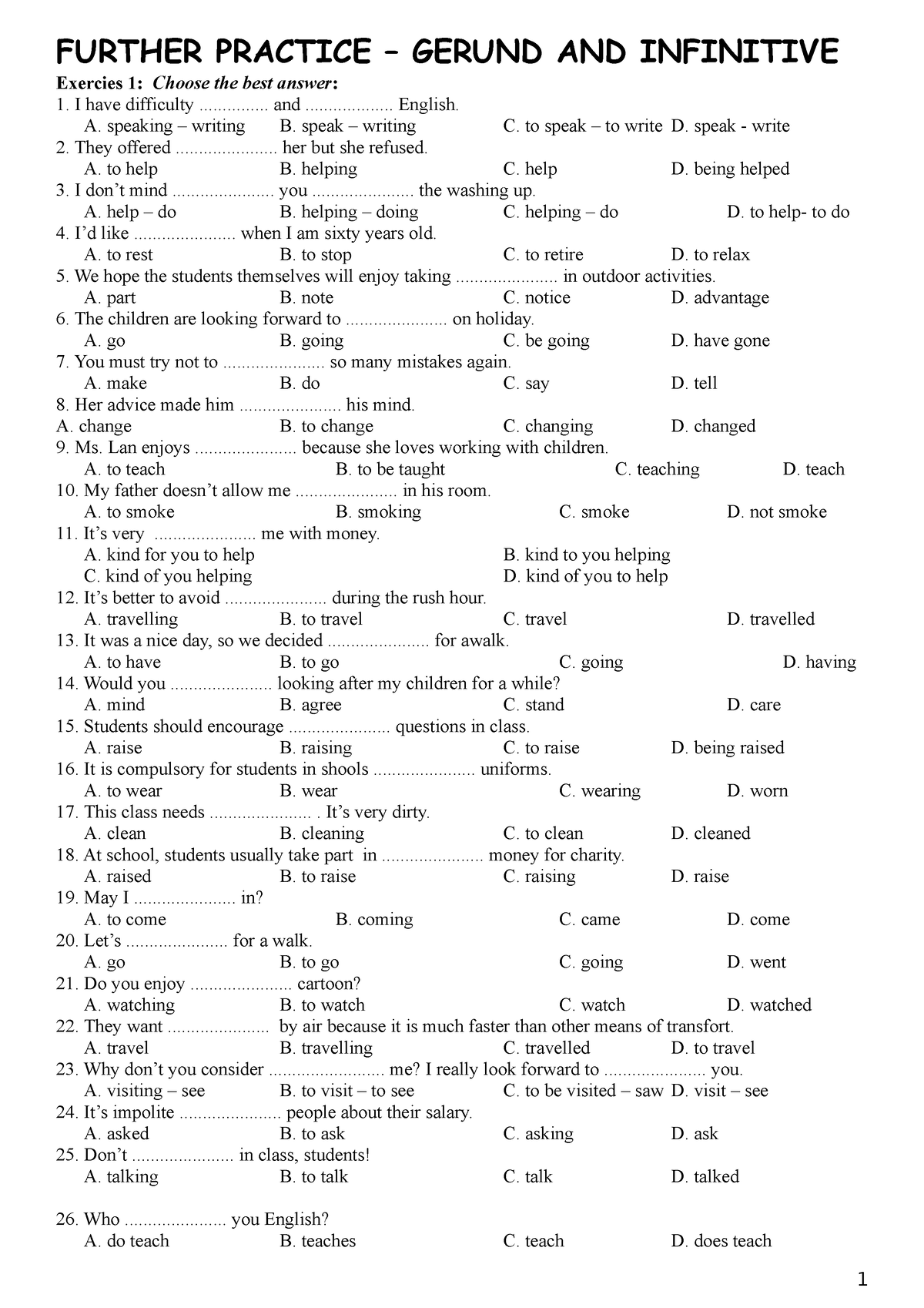 Gerund Infinitive Ly Thuyet Bai Tap - Further Practice – Gerund And 