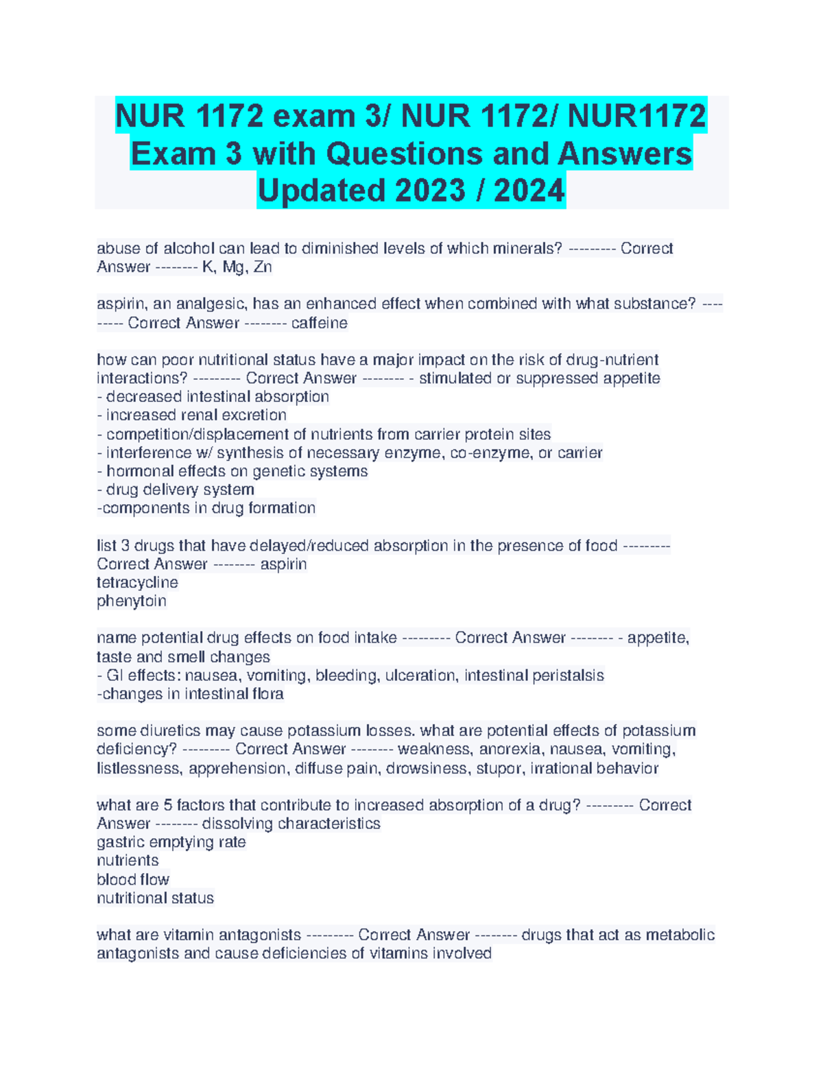 Nur 1172 Exam 3 New Latest Version With All Questions And 100