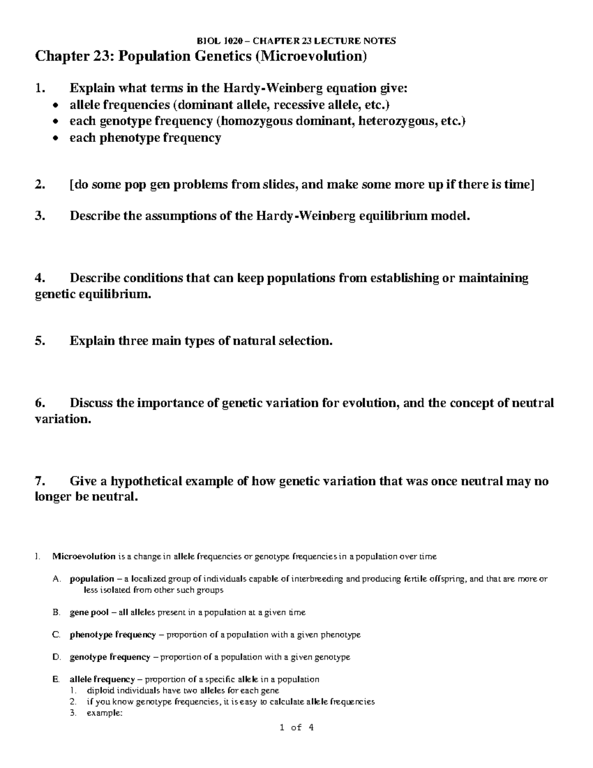 Chapter 23 - Lecture notes 23 - Chapter 23: Population Genetics ...