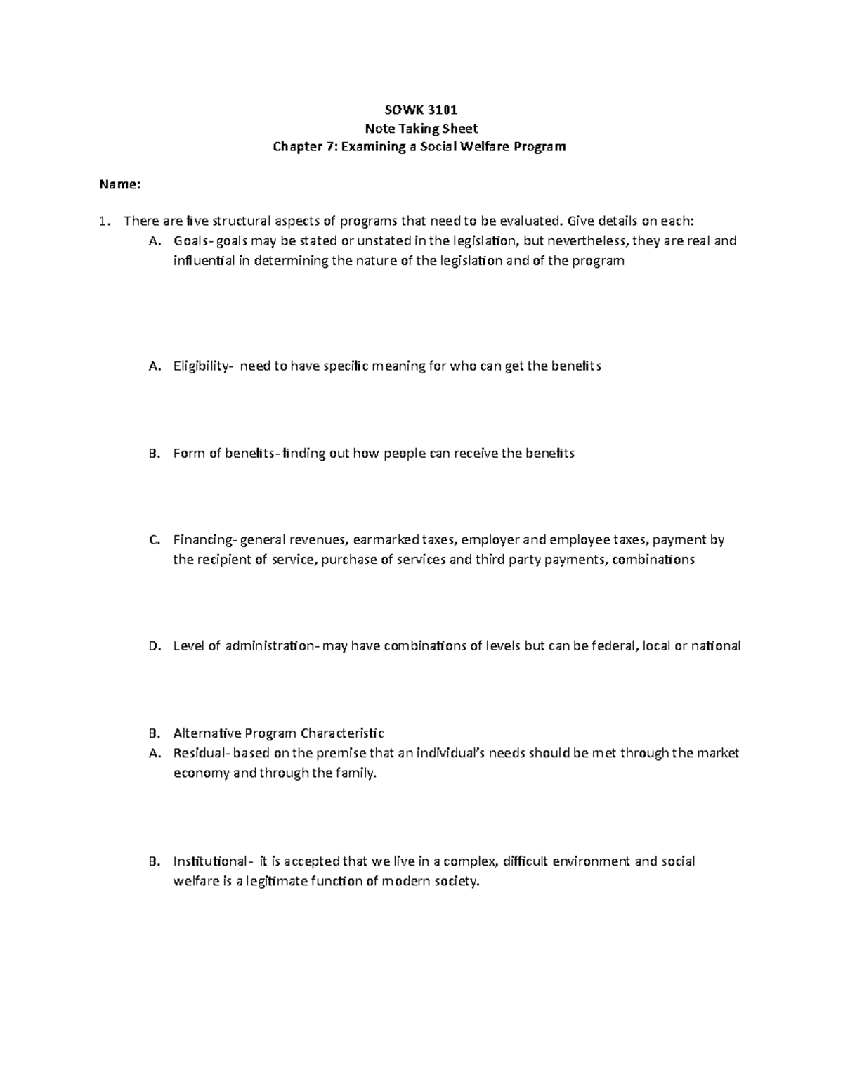 Note taking sheet - chapter 7 - SOWK 3101 Note Taking Sheet Chapter 7 ...