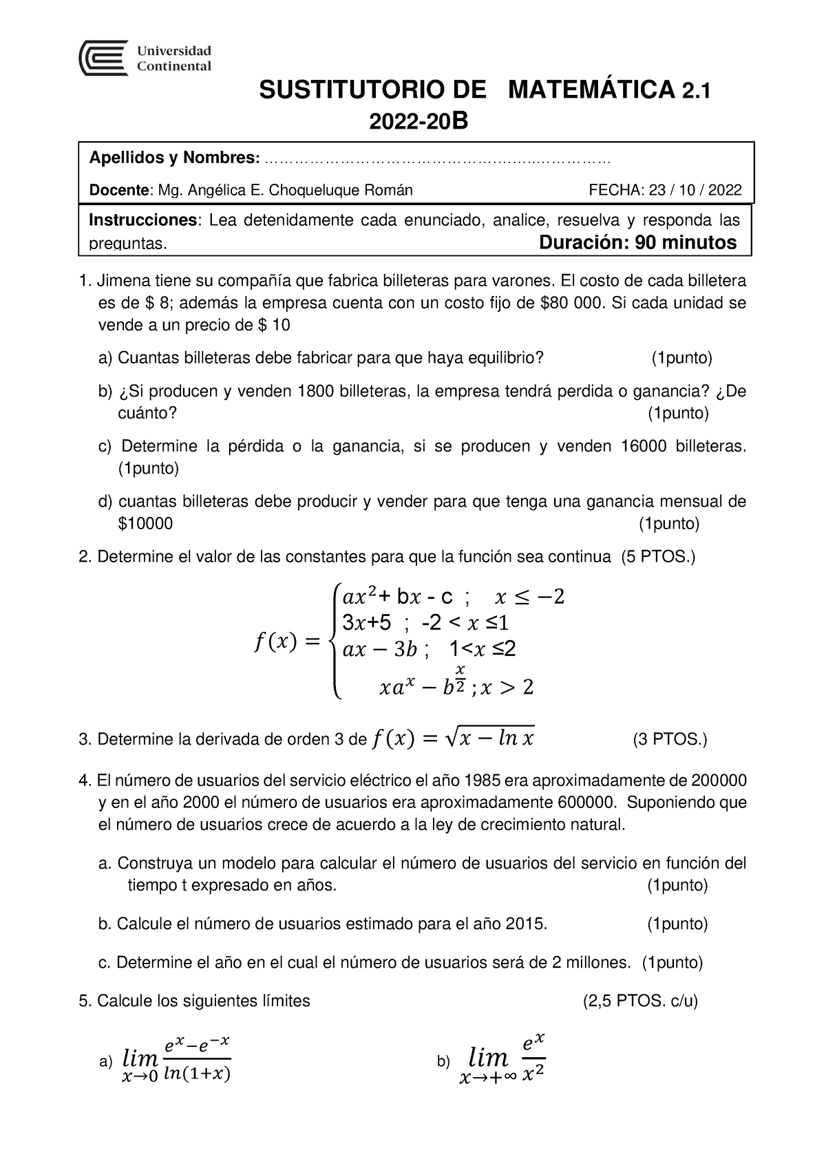 Sustitutorio - SUSTITUTORIO DE MATEMÁTICA 2. 2022-20B 1. Jimena Tiene ...