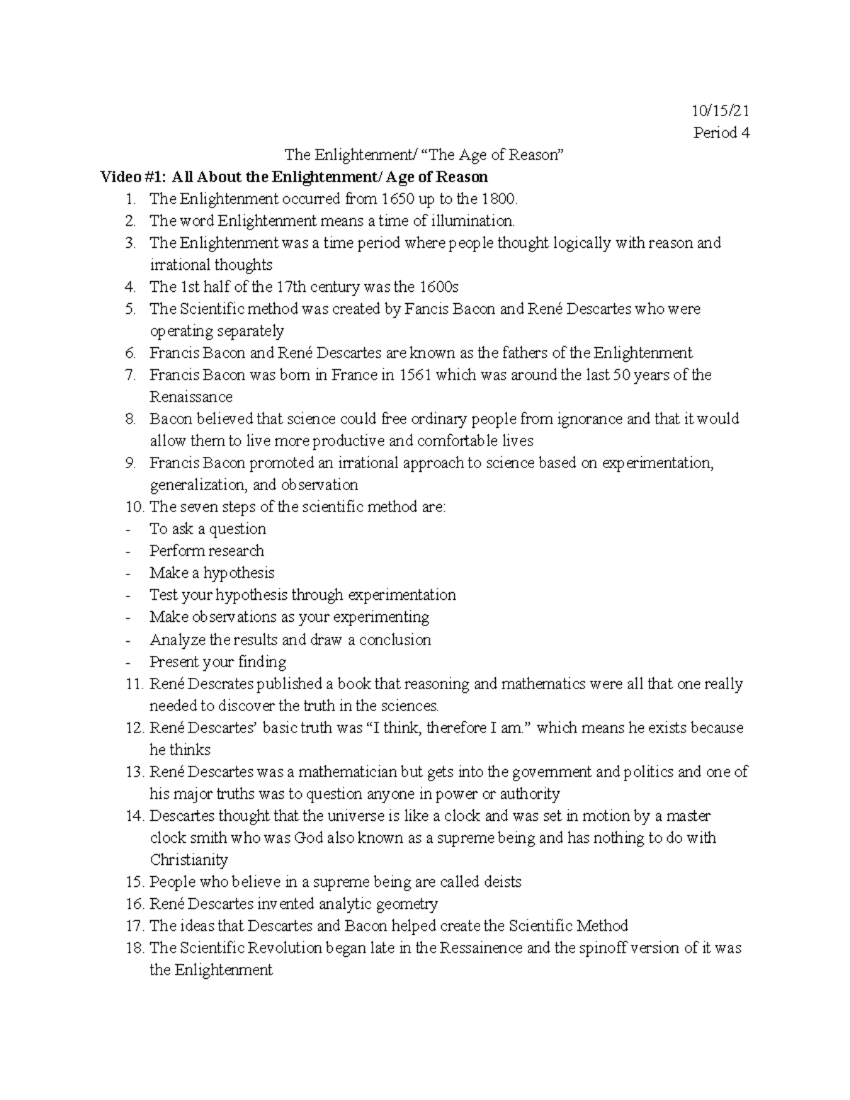 The Enlightenment “The Age of Reason” History Notes 2 - 10/15/ Period 4 ...