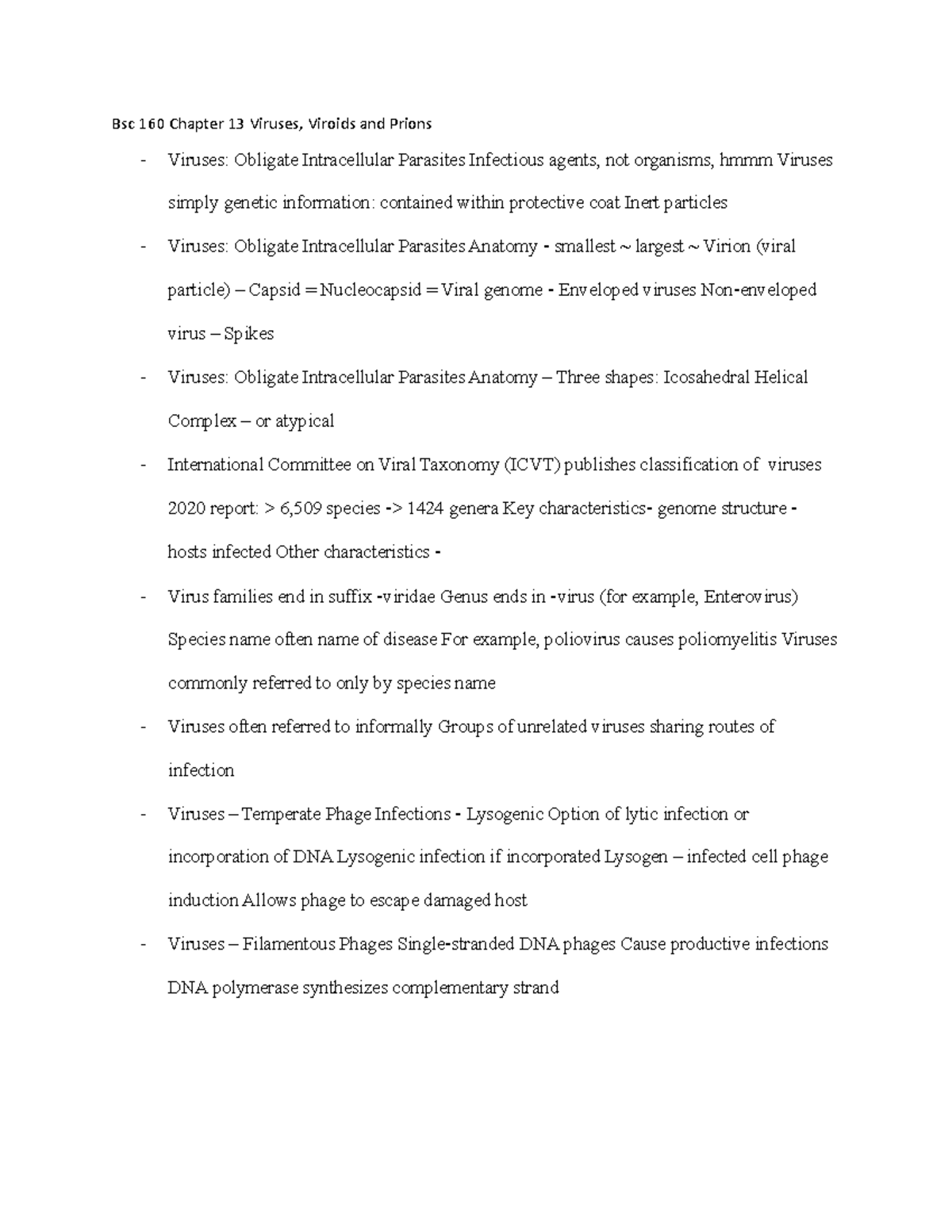 Bsc 160 Chapter 13 notes - Bsc 160 Chapter 13 Viruses, Viroids and ...