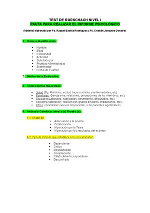 Pauta PARA Realizar EL Informe Psicológico - TEST DE RORSCHACH NIVEL I  PAUTA PARA REALIZAR EL - Studocu