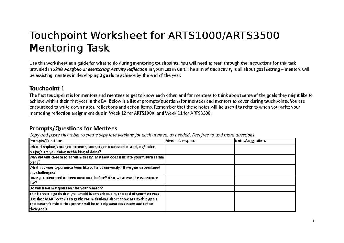 Touchpoint Worksheet for Mentoring Task (20) - Touchpoint Worksheet for ...